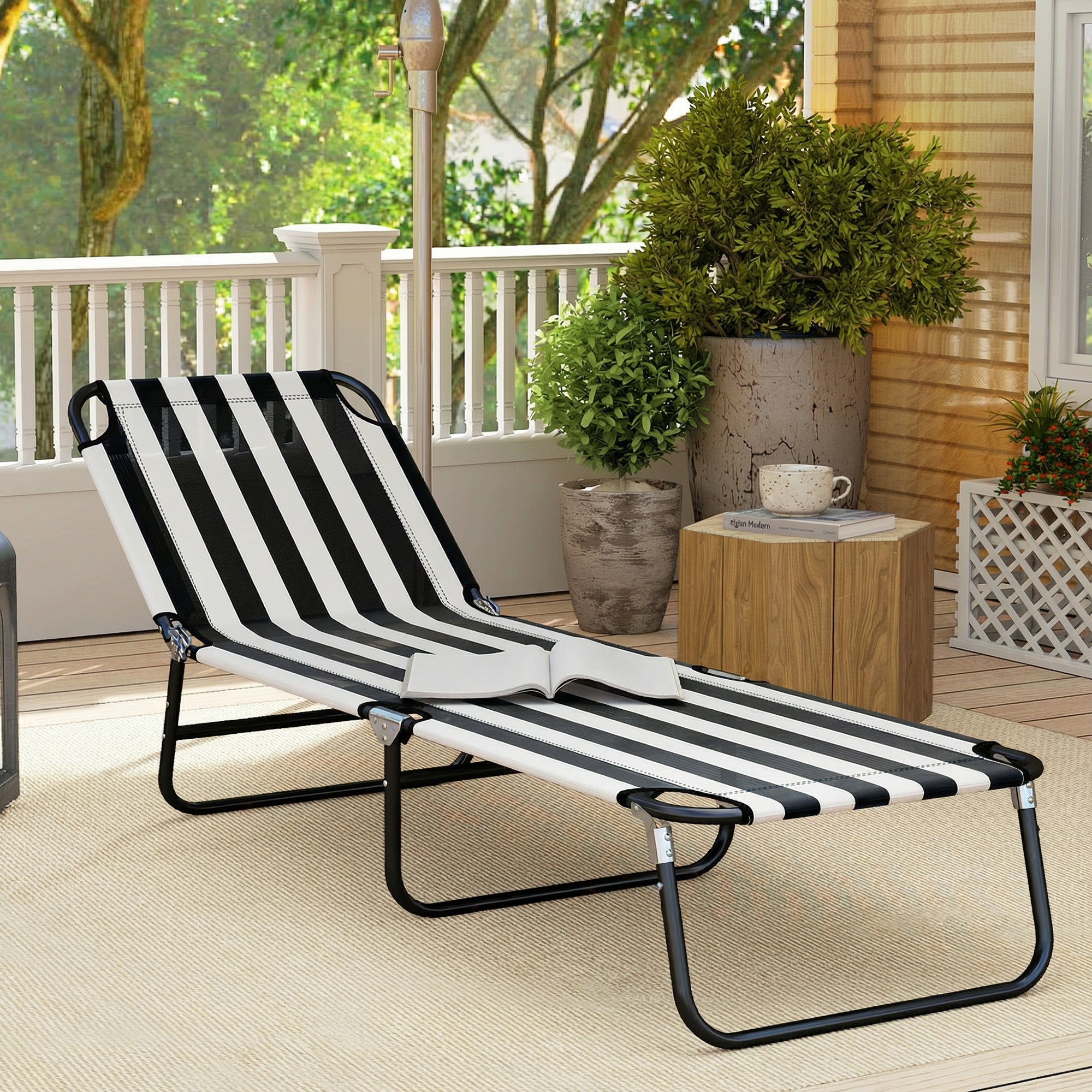 Portable Folding Adjustable Sun Beach Lounger / Camping Cot - Black and White