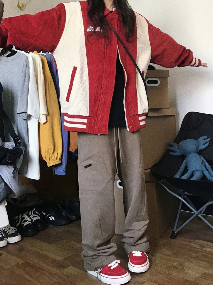 Retro Patchwork Coat Women's Corduroy Baseball Jacket