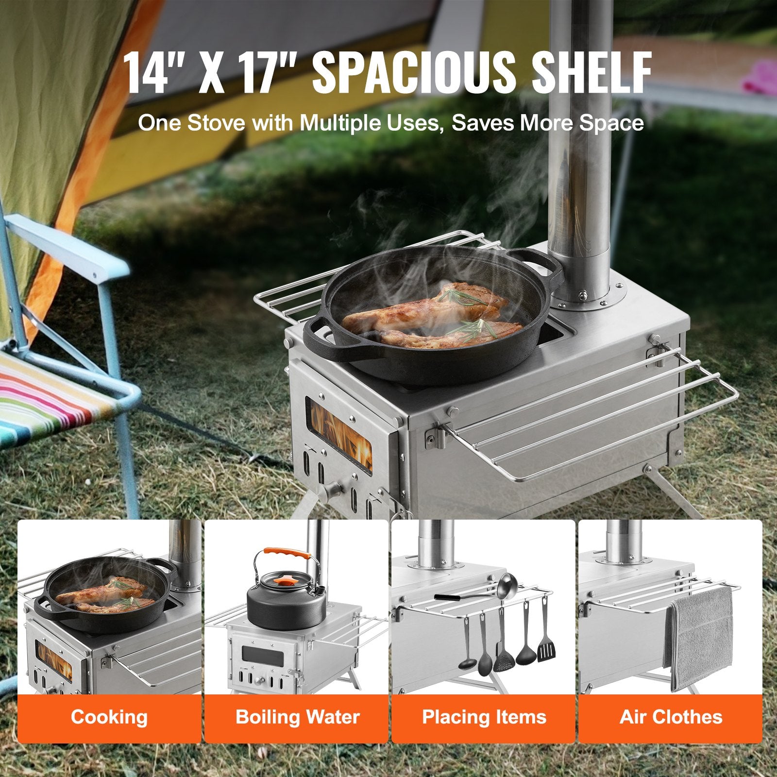 Wood Stove, 80 Inch, Stainless Steel Camping Tent Stove, Portable Wood Burning Stove With Chimney Pipes & Gloves, 700in³Firebox Hot Tent Stove For Outdoor Cooking And Heating With 8 Pipes