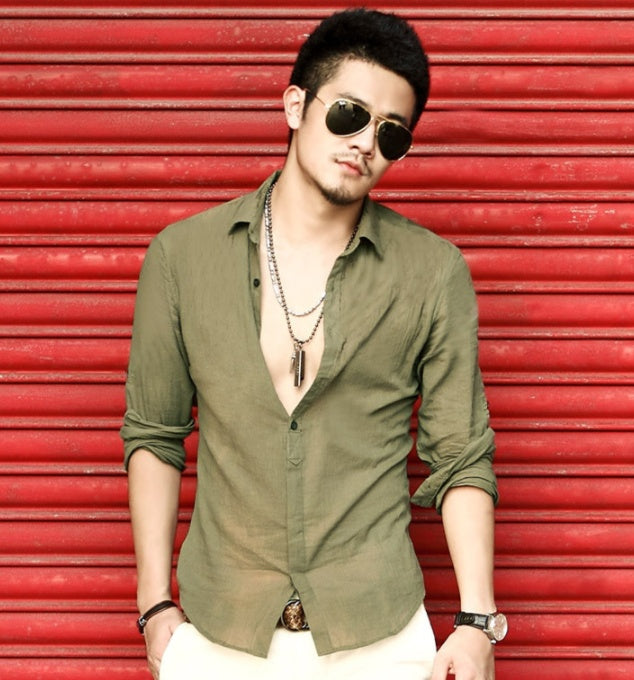 water wash linen cotton men's long sleeve shirt casual shirt