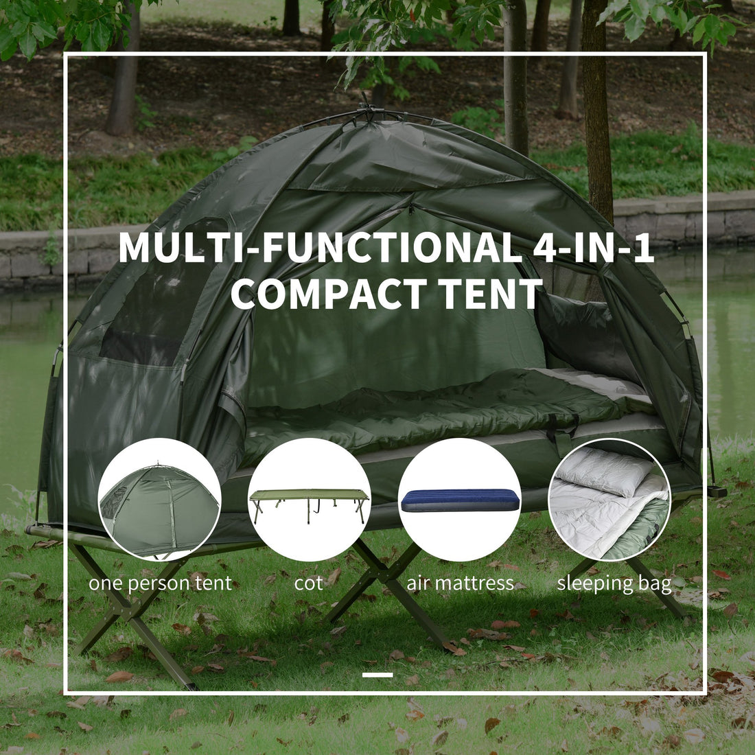 Folding Camping Cot For Adults All-in-One Elevated Tent With Sleeping Bag Thick Air Mattress Portable Single Bed