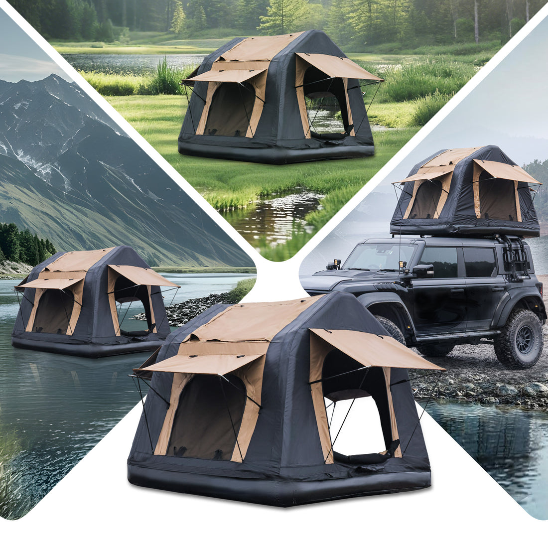 Foldable 2-3 People Amphibious Inflatable Car Roof Top Tent For Camping Outdoor Glamping Camping Tent For SUV, Truck - Without Ladder, Two-tone Style, Khaki & Black