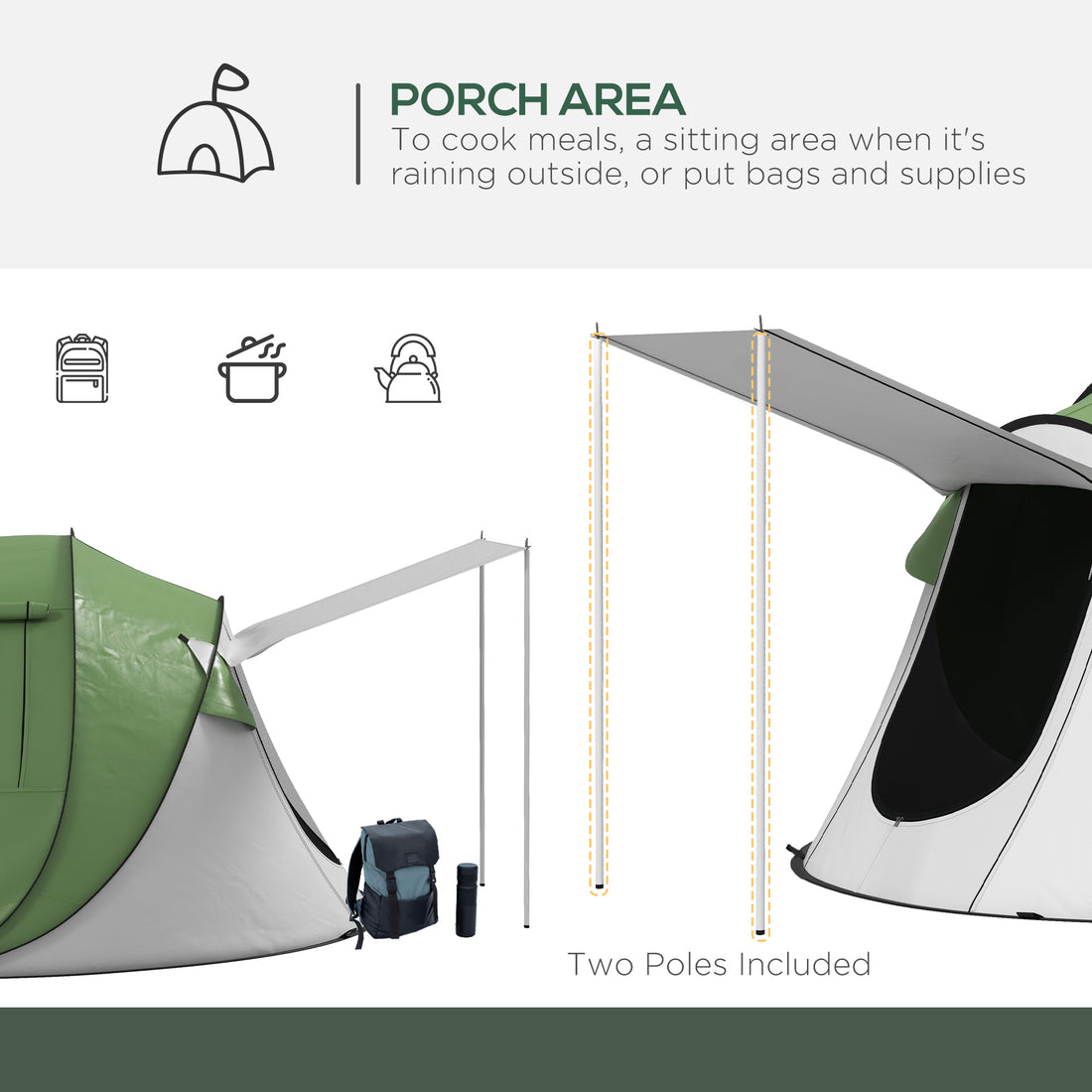 Pop Up Tent with Porch and Carry Bag, 3000mm Waterproof, for 2-3 People Camping Hiking, Green