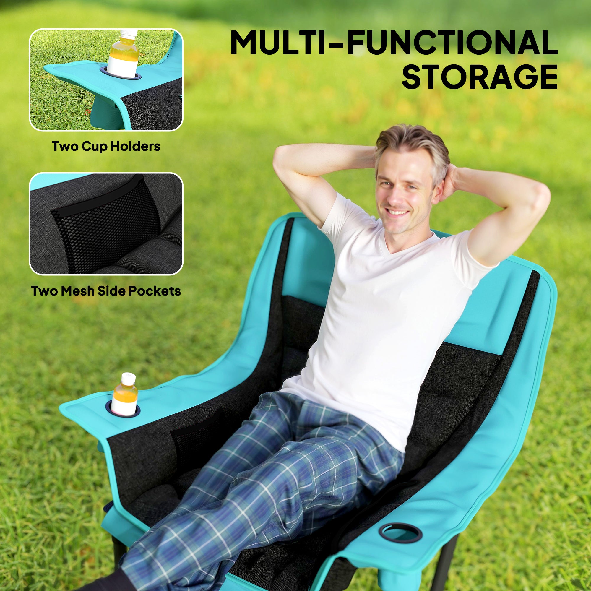 Camping Chair for Adults, Portable Folding Camping Chair w/ Side Pockets, Cup Holders, Carry Bag, Green and Black