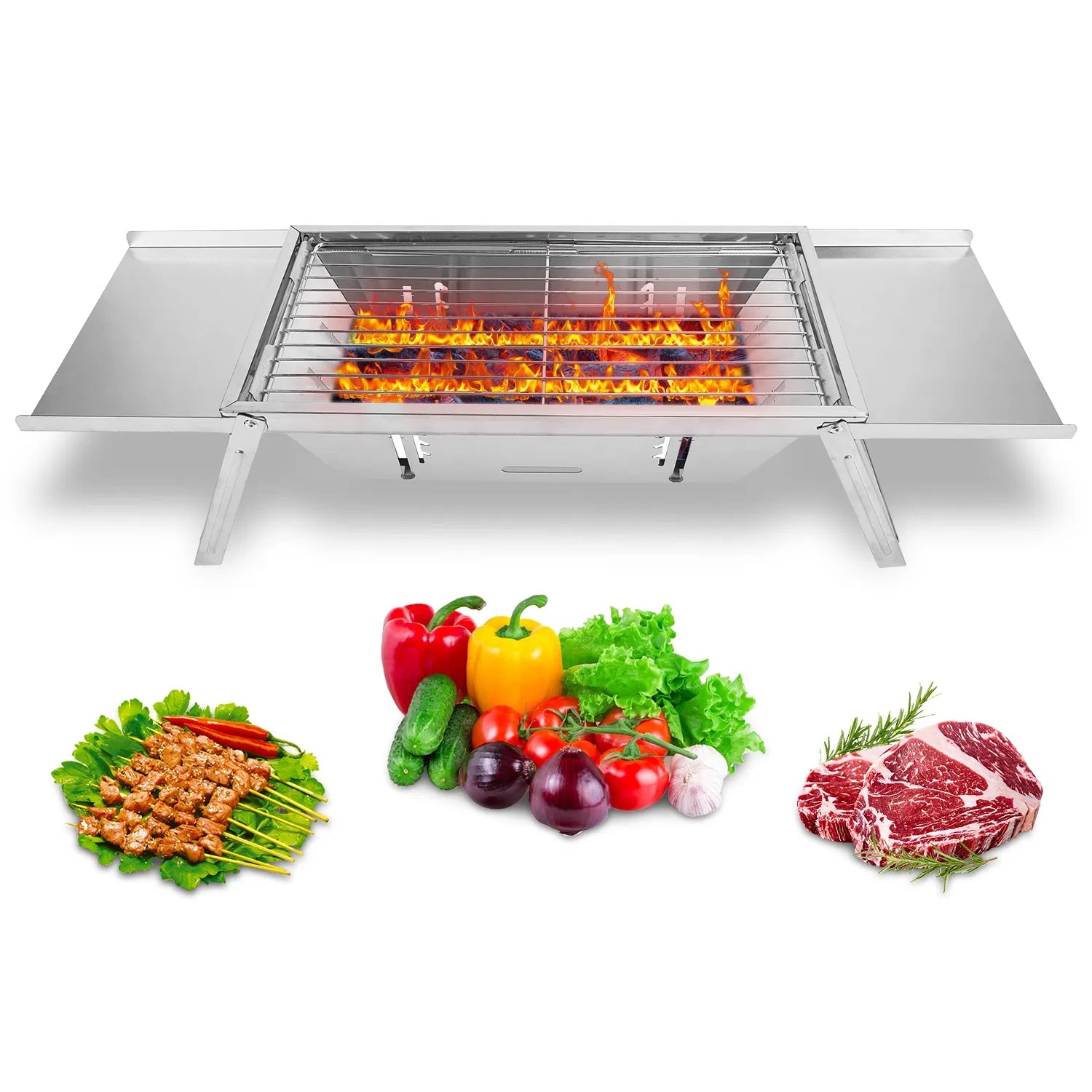 3 In 1 Foldable Charcoal Grill Fire Pit Slow Cooker 2-3 People Portable Camping Grill Stainless Steel BBQ Grill For Camping Tailgating Yard GPCT5452