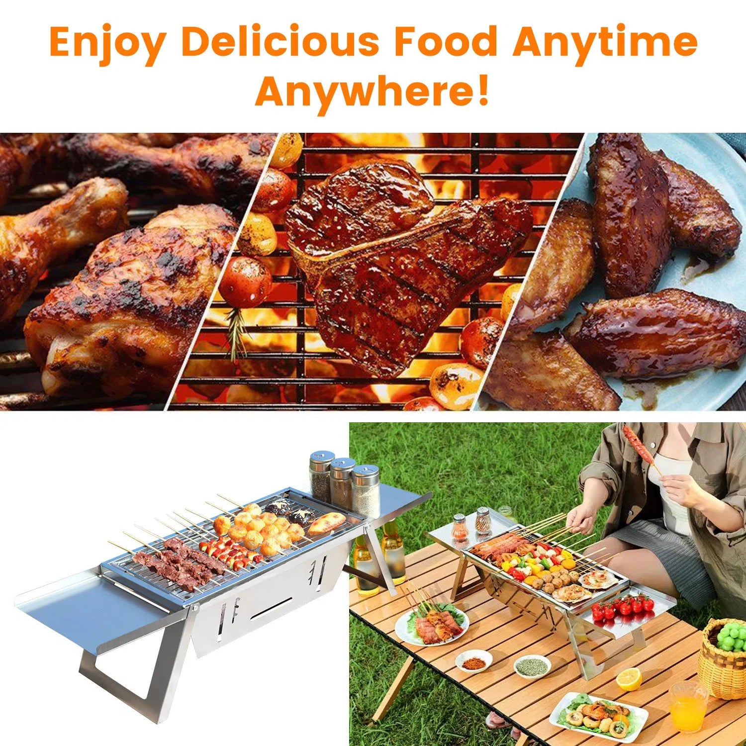 3 In 1 Foldable Charcoal Grill Fire Pit Slow Cooker 2-3 People Portable Camping Grill Stainless Steel BBQ Grill For Camping Tailgating Yard GPCT5452