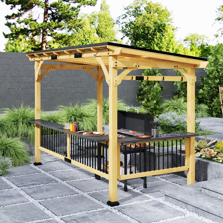13' x 6' Wooden BBQ Grill Gazebo, Outdoor Hardtop Grill Gazebo with Metal Roof, 2 Bar Shelves and 6 Hooks, Natural