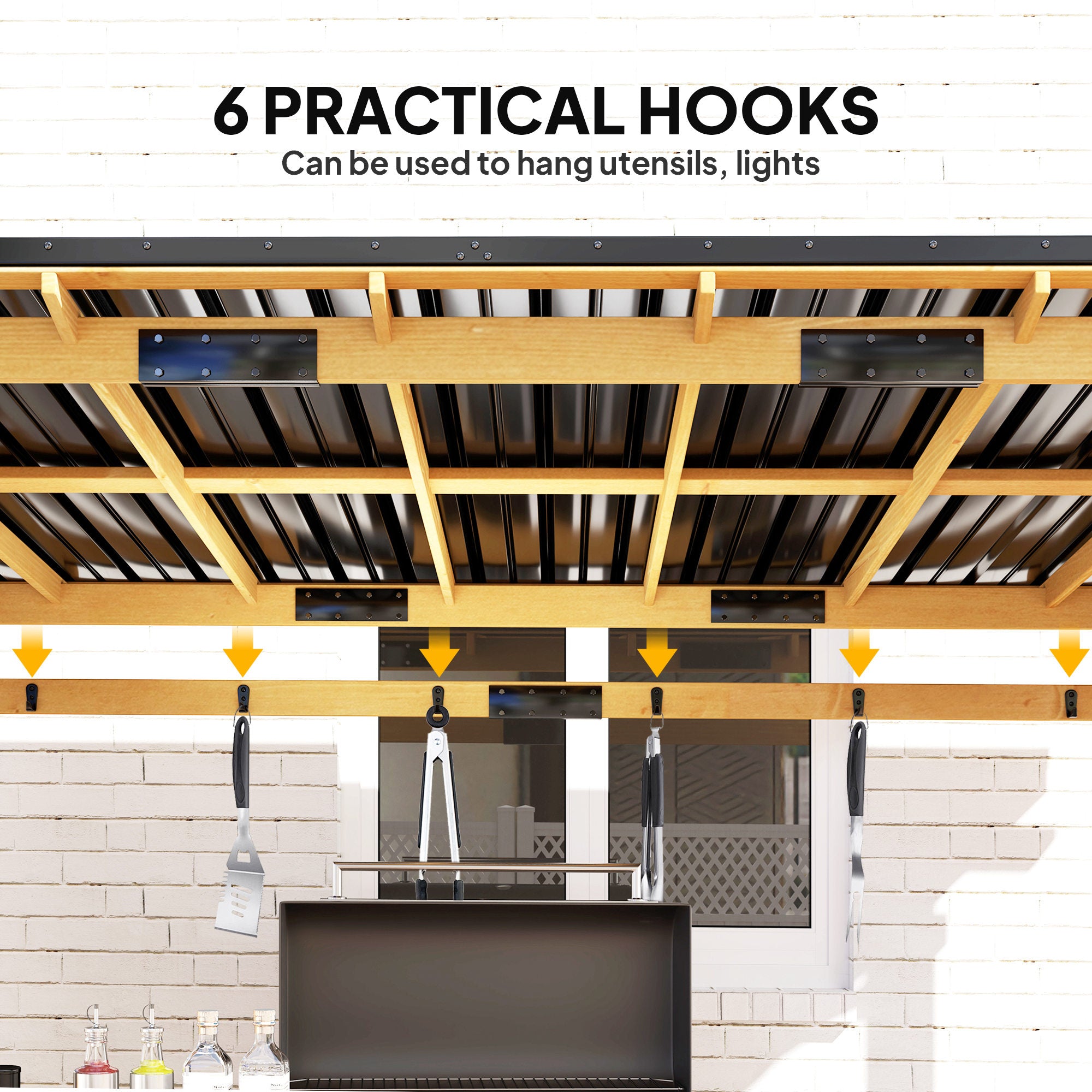 13' x 6' Wooden BBQ Grill Gazebo, Outdoor Hardtop Grill Gazebo with Metal Roof, 2 Bar Shelves and 6 Hooks, Natural