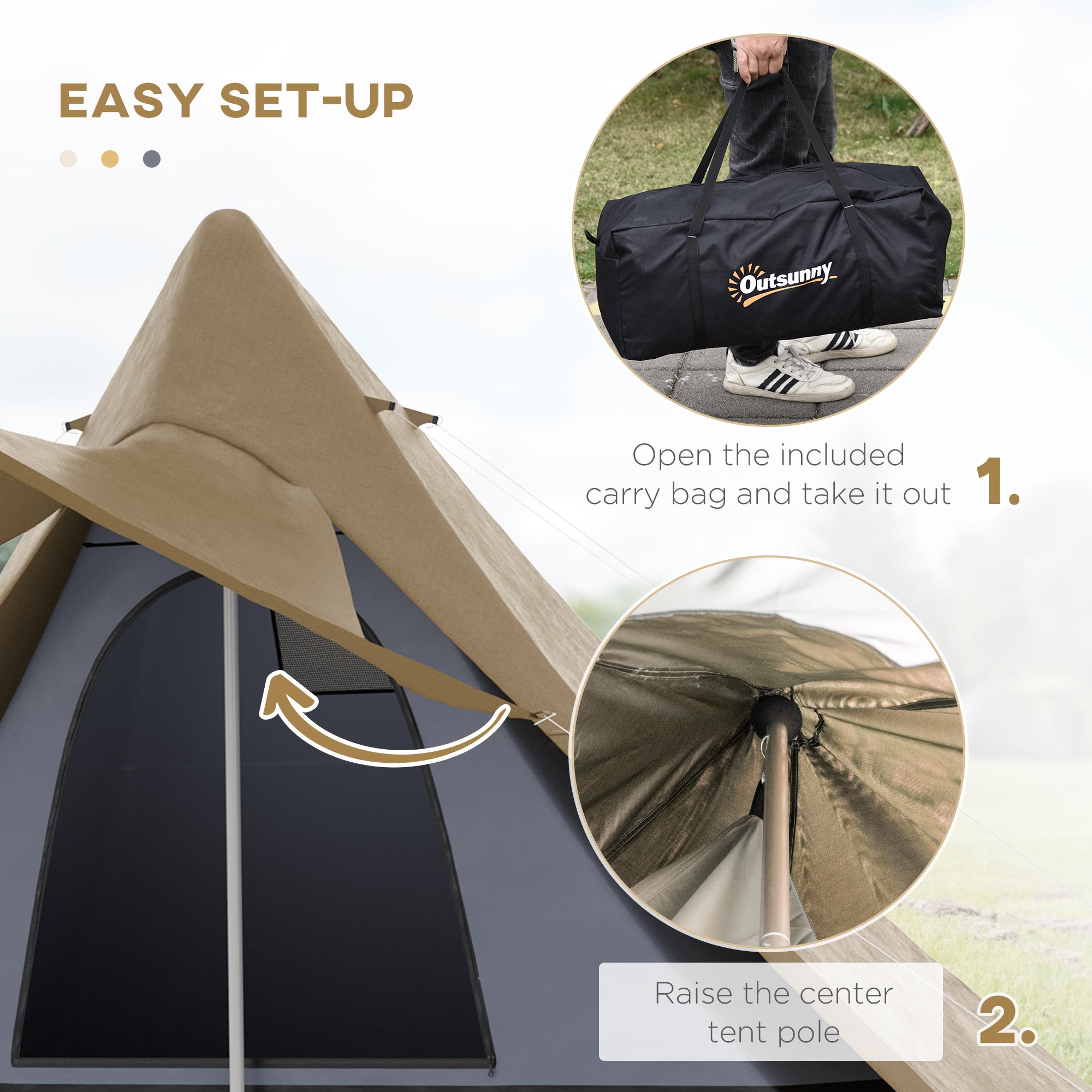 15.4'x15.4'x8.5' Teepee Tent, Waterproof Camping Tent with Porch Area, Floor and Carry Bag, for 2-3 Person Outdoor Backpacking Camping Hiking, Coffee
