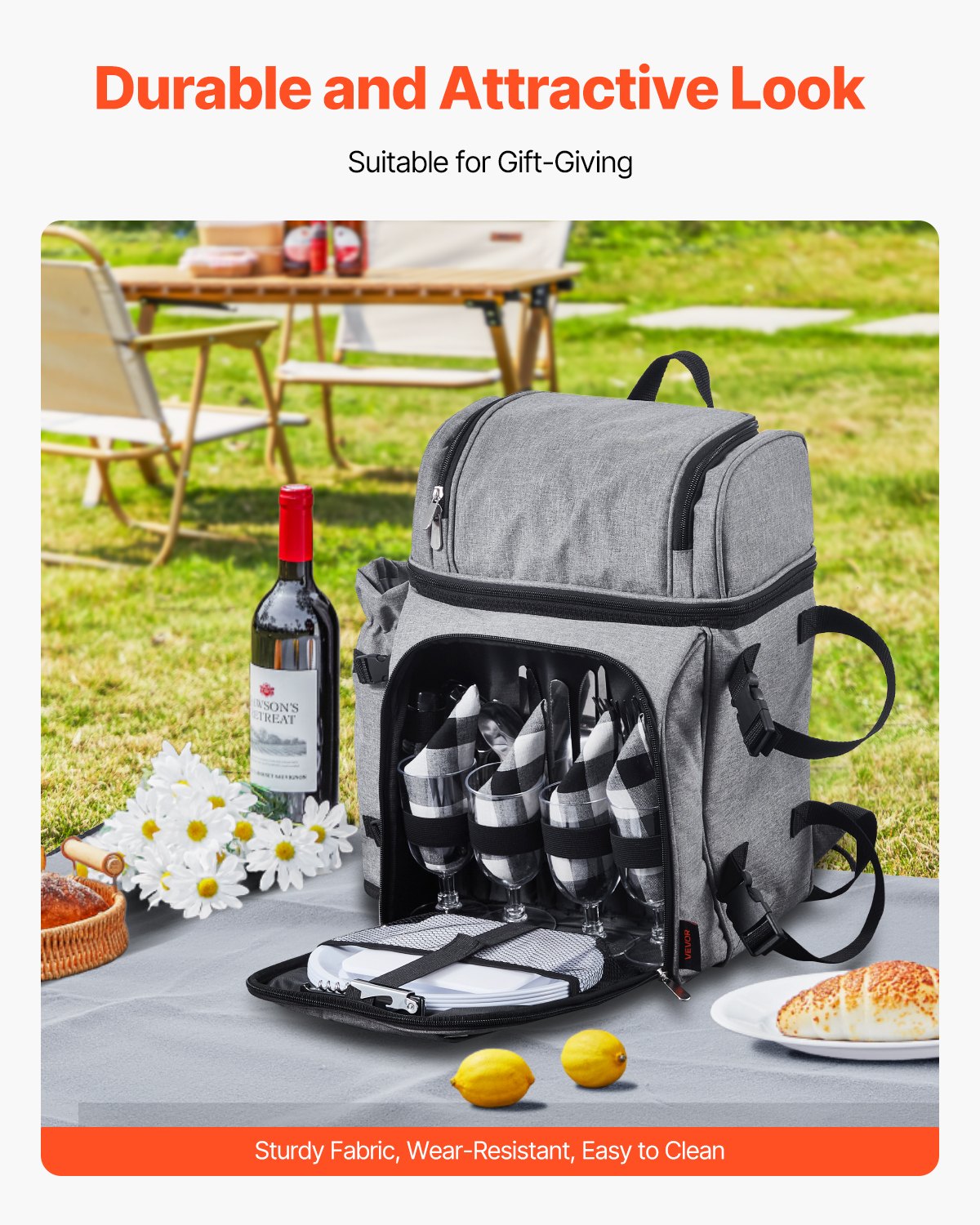 Beach Picnic Backpack Bag For 4 Person With Cooler Compartment Grey