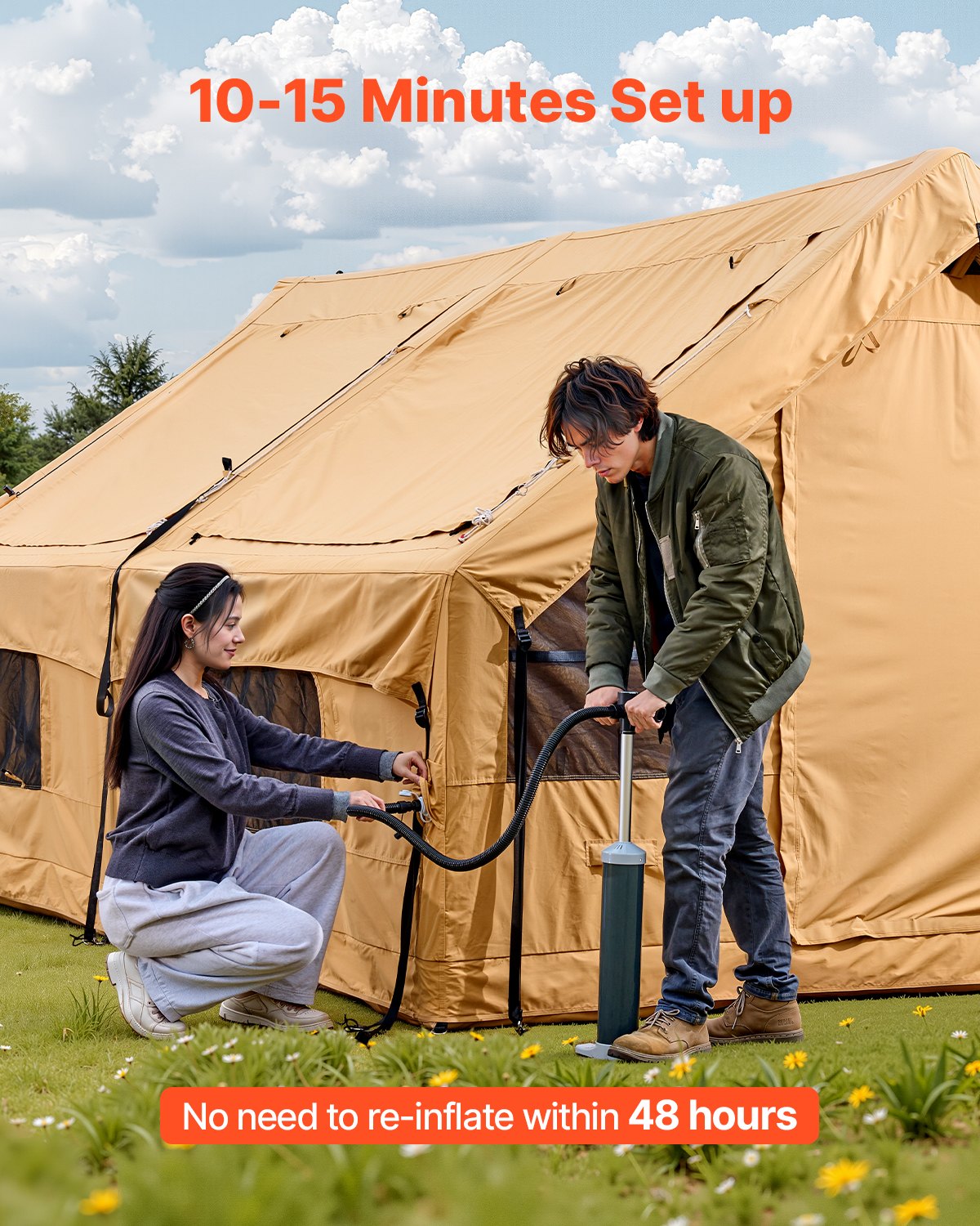 Inflatable Tents For Camping, 8-12 Person Easy Setup Blow Up Tent With Hand Pump, 4 Season Luxury Glamping Tent With 2 Skylights, Canopy, Stove Jack, 2 Doors & Mesh Windows, Include Storage Bag