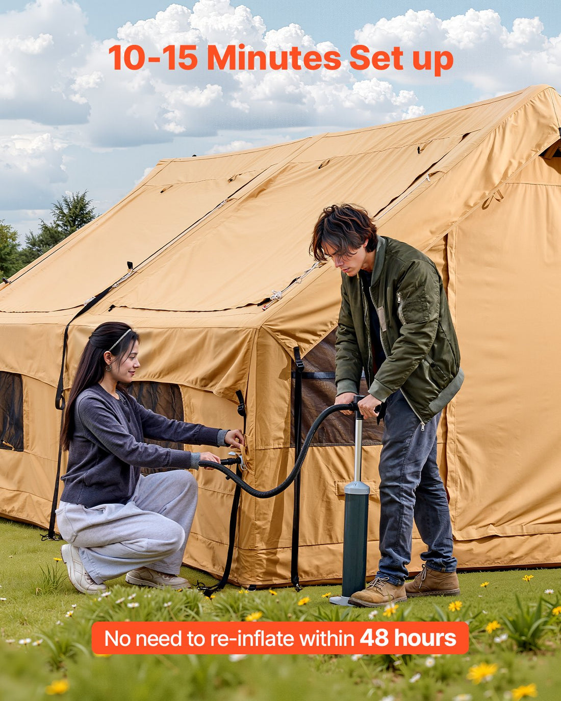 Inflatable Tents For Camping, 8-12 Person Easy Setup Blow Up Tent With Hand Pump, 4 Season Luxury Glamping Tent With 2 Skylights, Canopy, Stove Jack, 2 Doors & Mesh Windows, Include Storage Bag