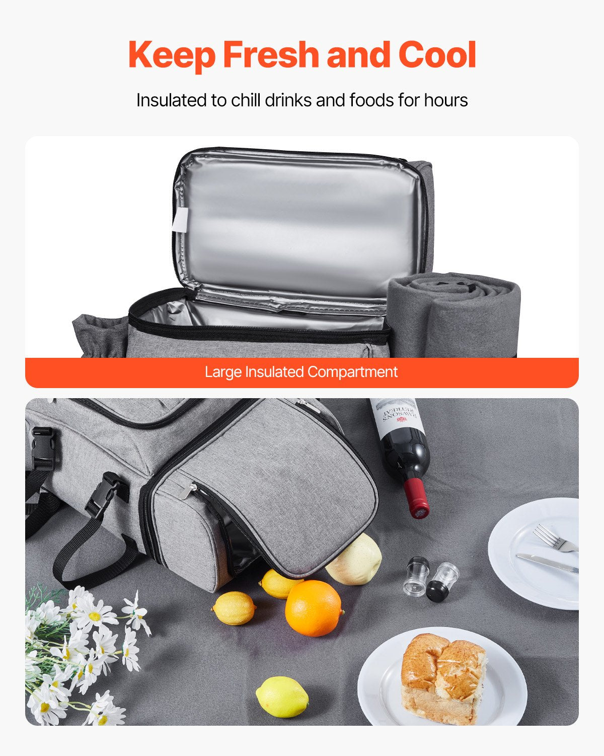 Beach Picnic Backpack Bag For 4 Person With Cooler Compartment Grey
