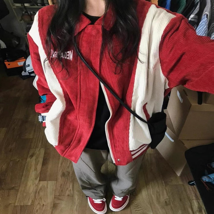 Retro Patchwork Coat Women's Corduroy Baseball Jacket