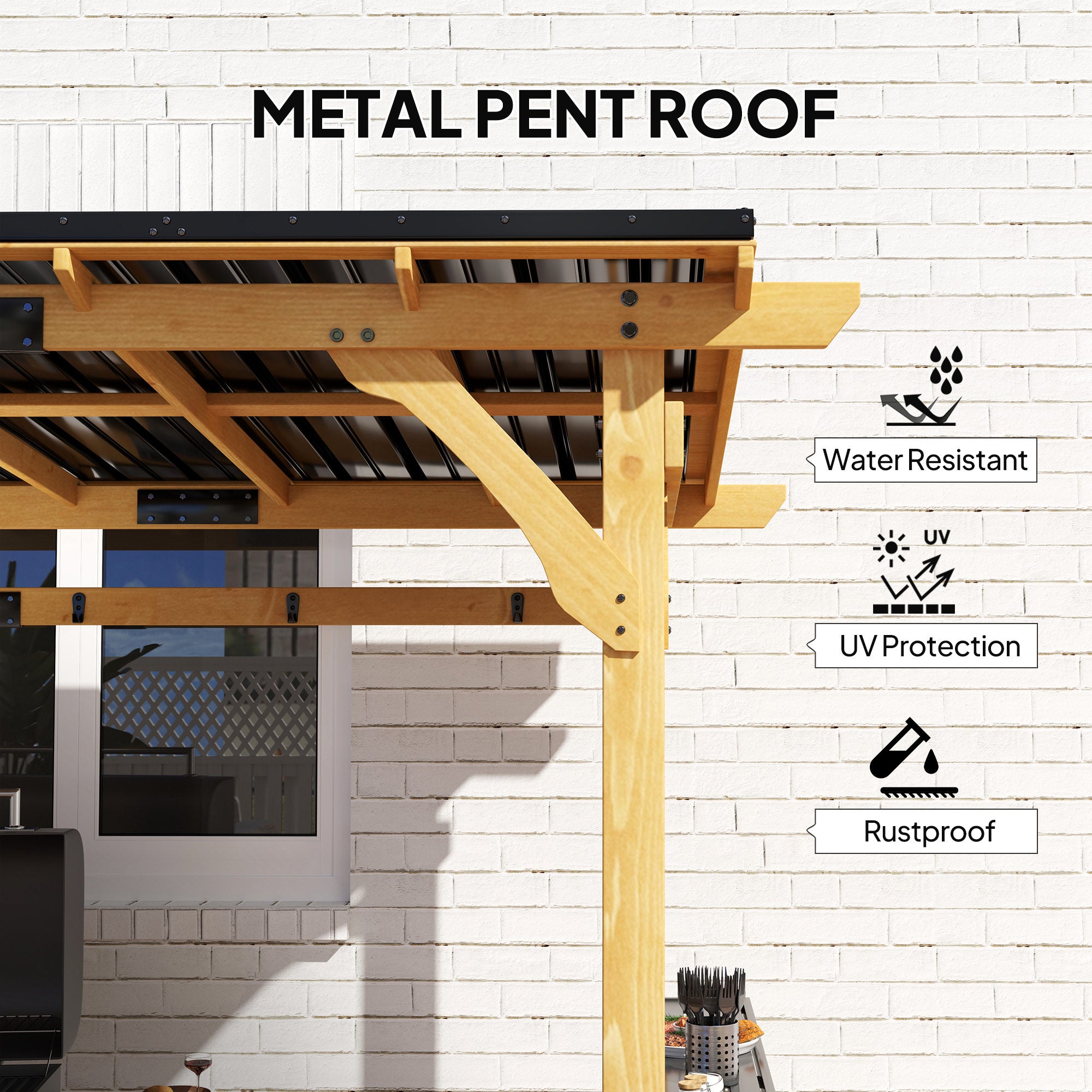 13' x 6' Wooden BBQ Grill Gazebo, Outdoor Hardtop Grill Gazebo with Metal Roof, 2 Bar Shelves and 6 Hooks, Natural
