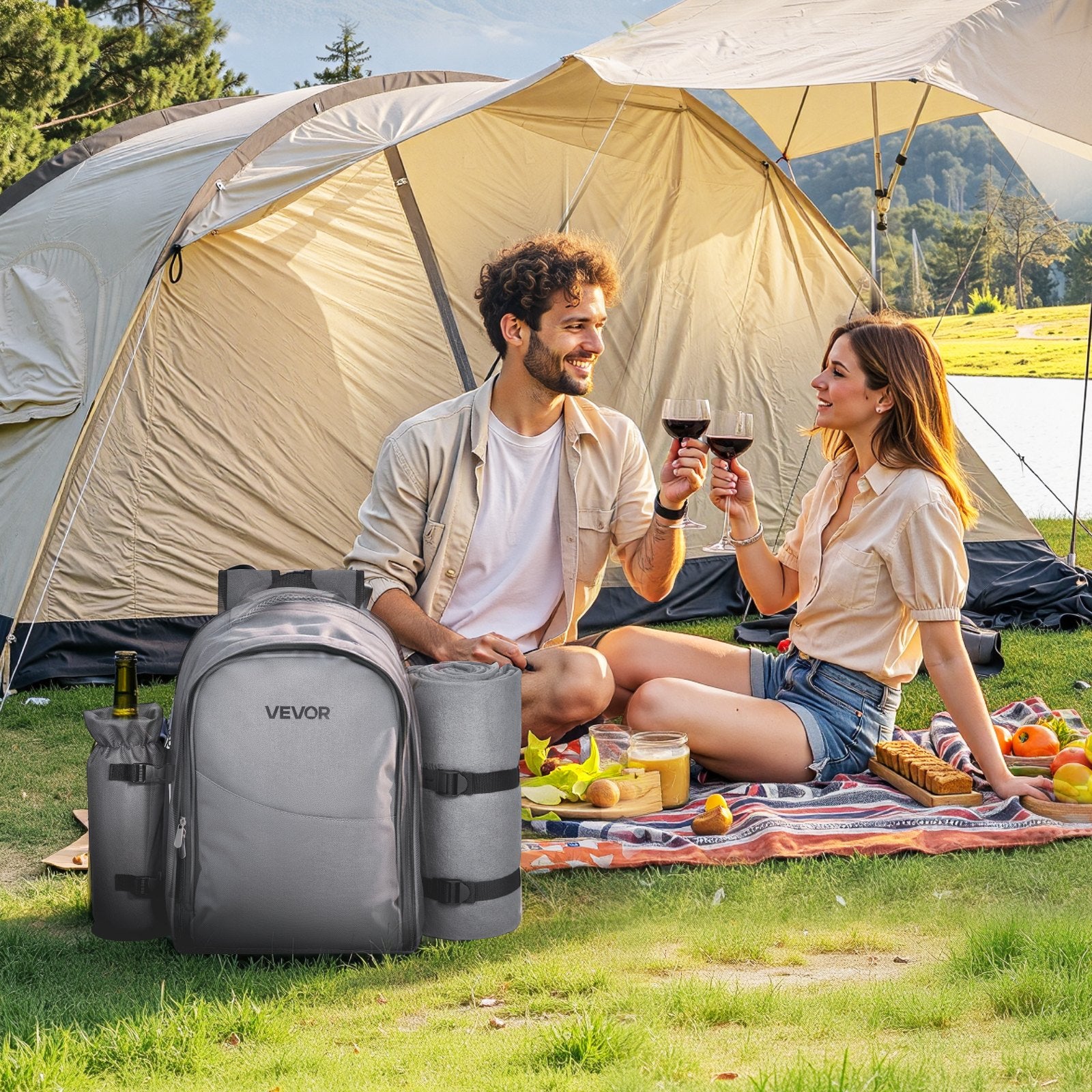 Beach Picnic Backpack Bag For 2 Person With Cooler Compartment Grey