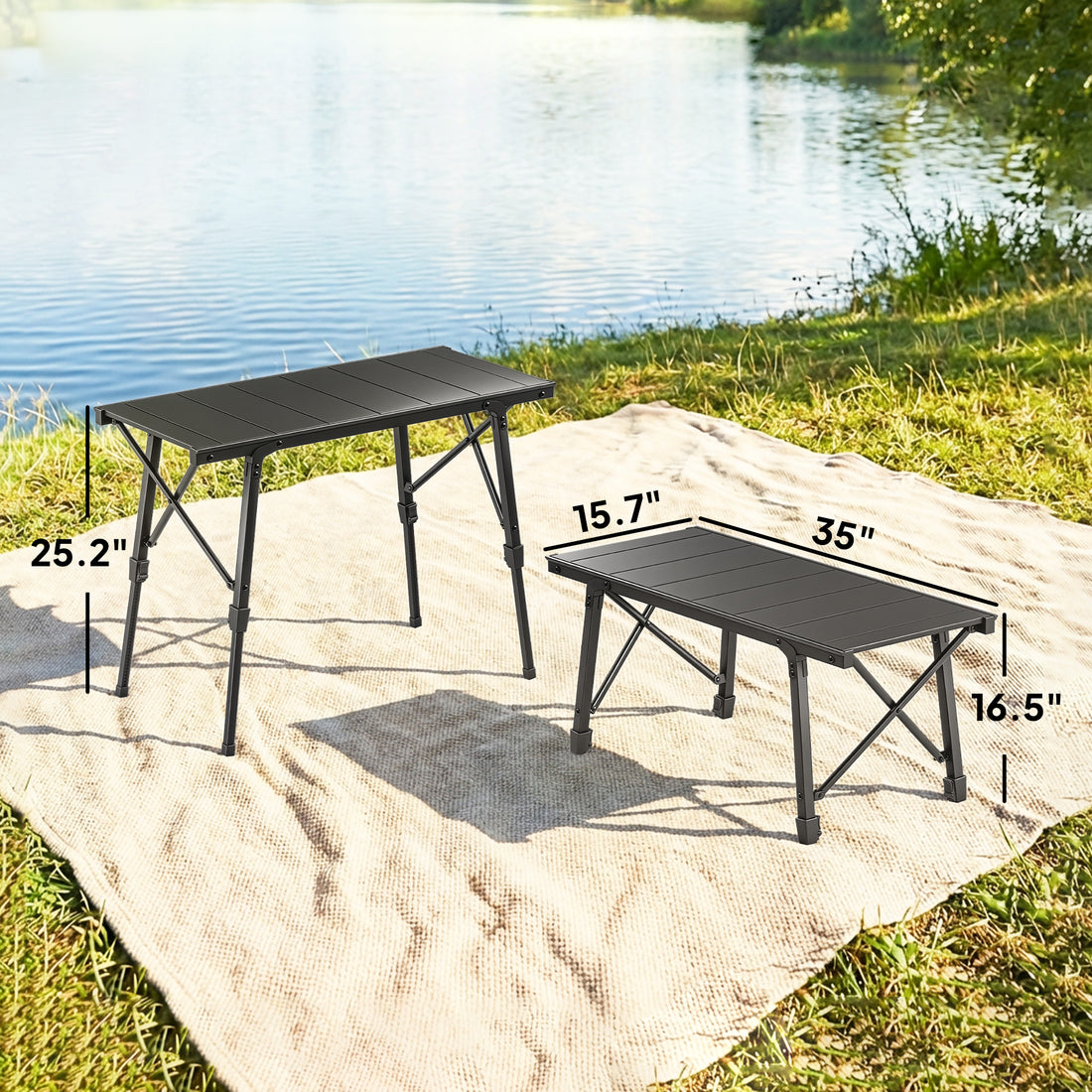Adjustable Height Folding Picnic Table with Removable Plates, Aluminum Camping Table, Black