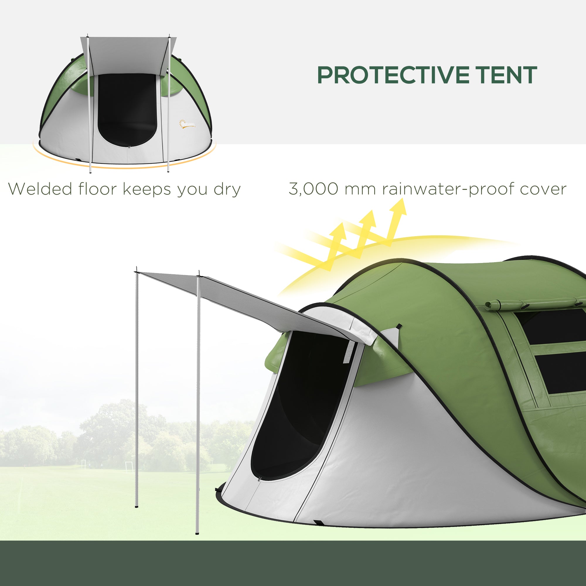 Pop Up Tent with Porch and Carry Bag, 3000mm Waterproof, for 2-3 People Camping Hiking, Green