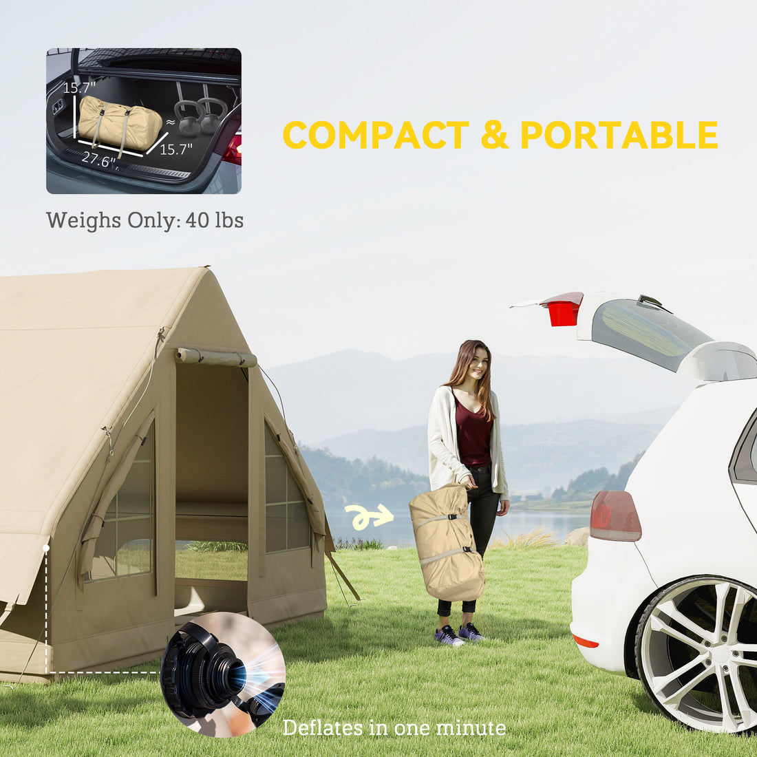 Inflatable Camping Tent with Hand Pump, 4 Season Blow Up Tent, Waterproof and Windproof with Mesh Windows and Doors