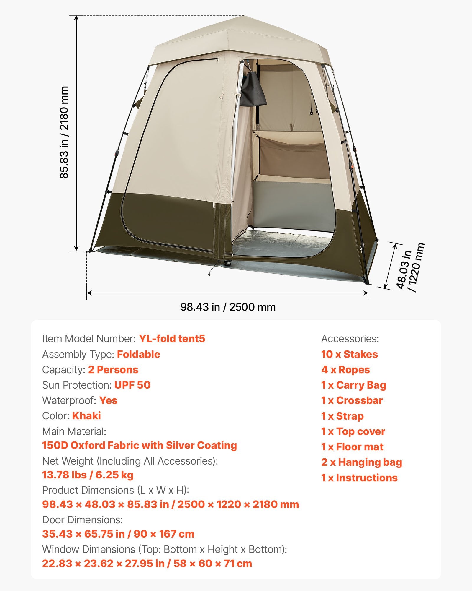 Camping Shower Tent, 2-Room Foldable Privacy Tent Changing Room With Ground Stakes, Ropes, Carry Bag, And Crossbar, 150D Oxford Fabric With Silver Coating, For Camping, Beach, And Fishing