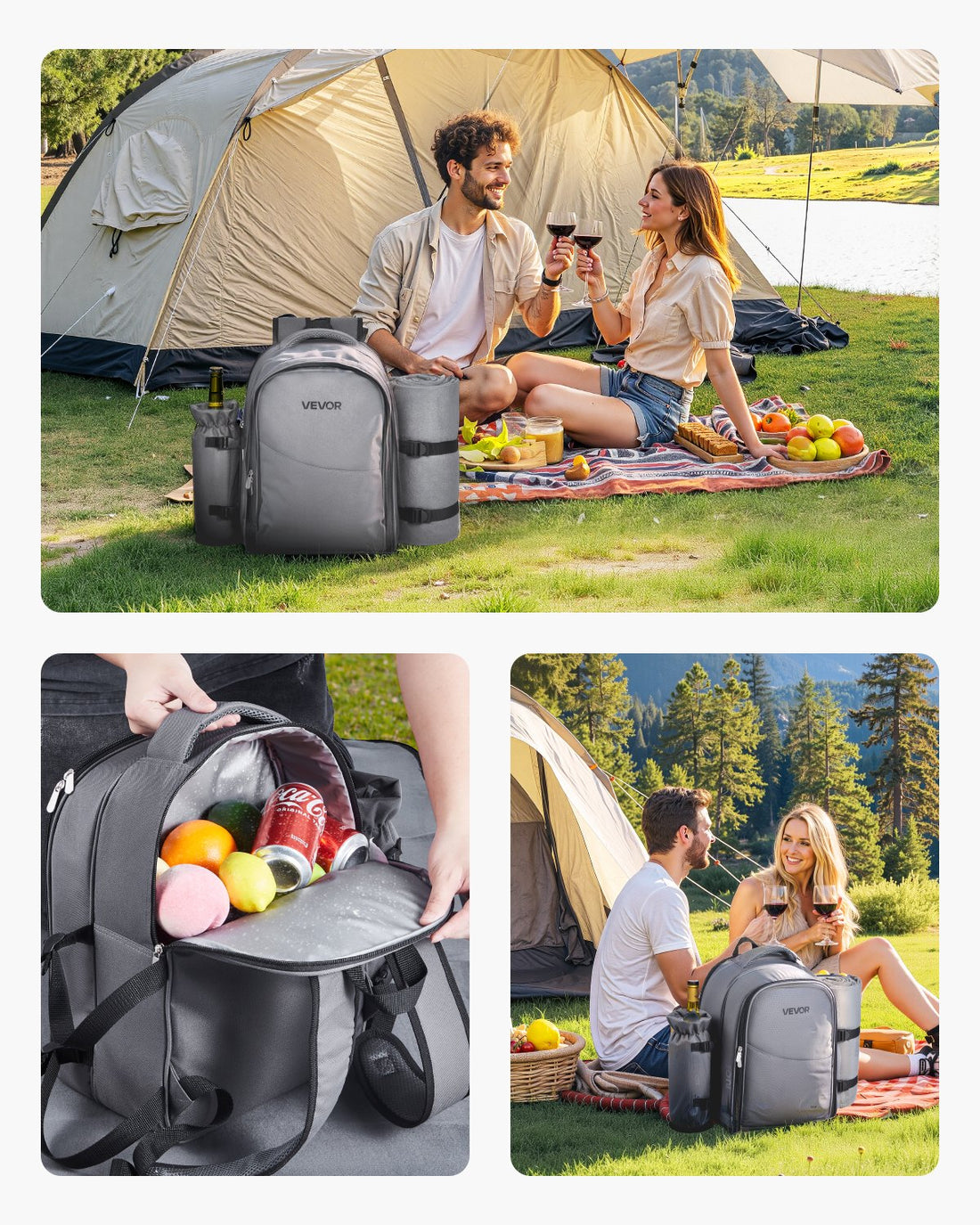 Beach Picnic Backpack Bag For 2 Person With Cooler Compartment Grey