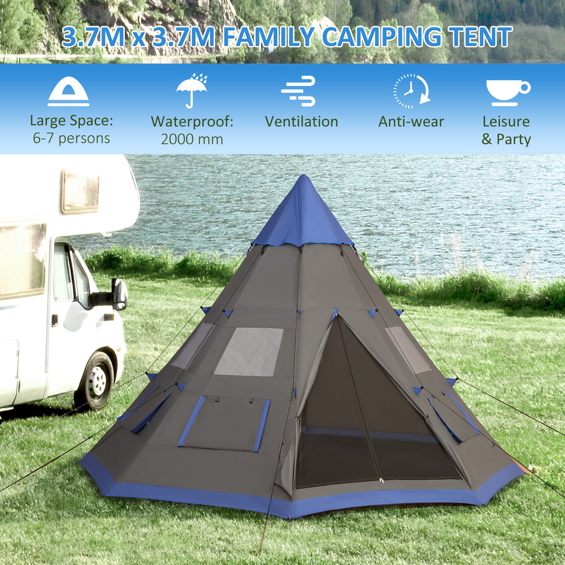 12Ft Camping Tent 6-7 Person 4 Season with 8 Mesh Windows, Outdoor Teepee Tent with Waterproof Material for Family and Friends Camping