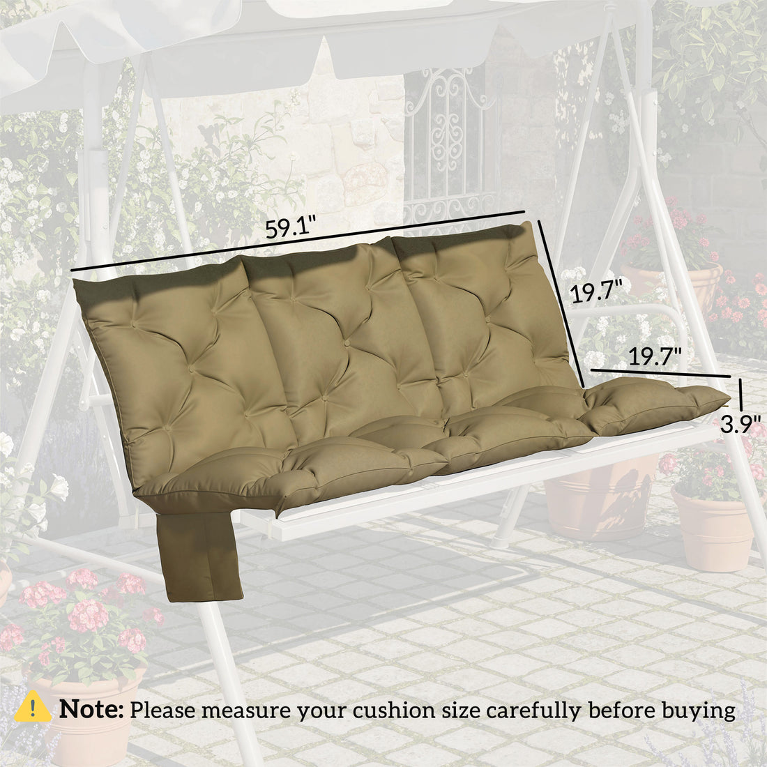 Bench Cushion Non-Slip Outdoor Swing Cushion w/Backrest Side Pocket for 3 Seater Patio Furniture Beige