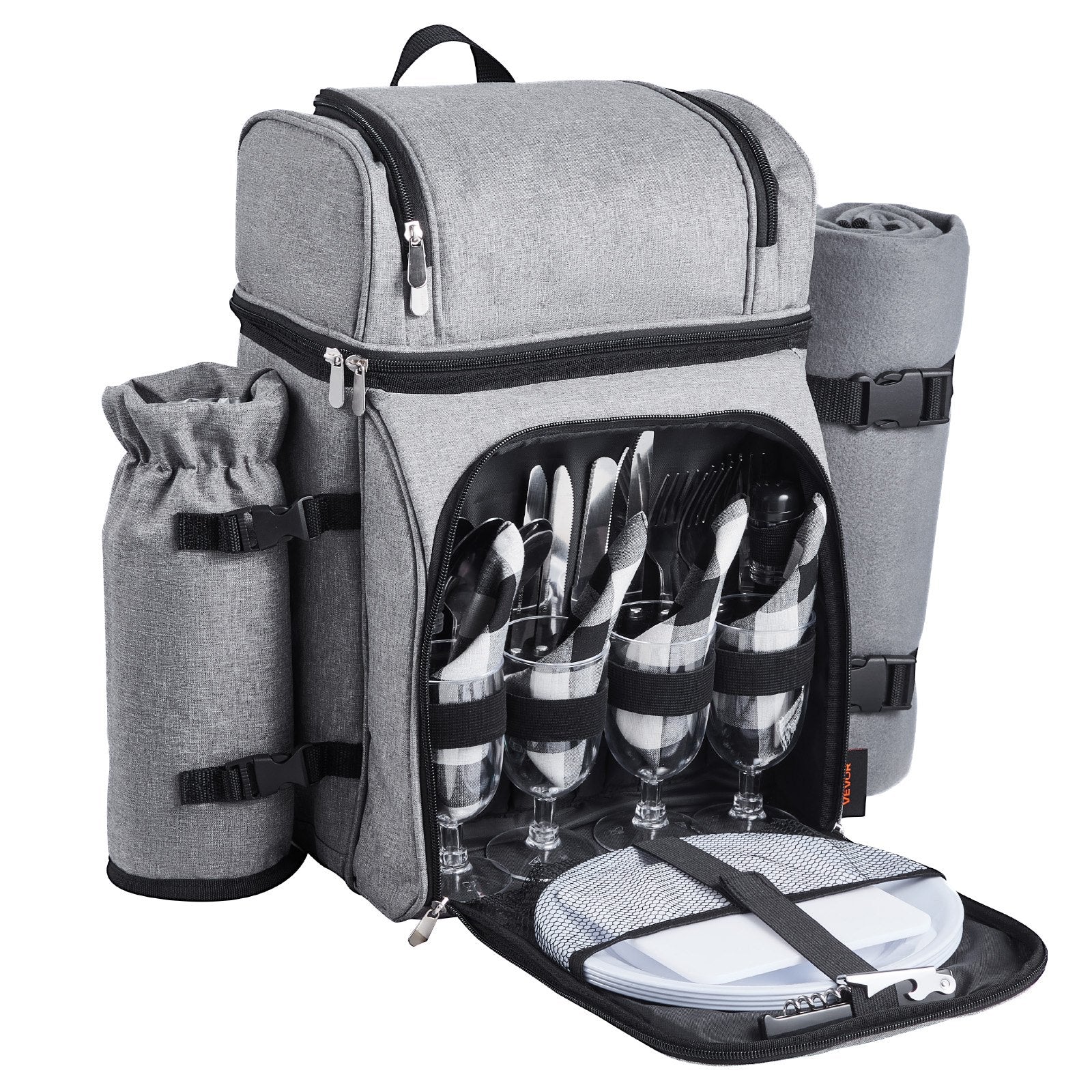Beach Picnic Backpack Bag For 4 Person With Cooler Compartment Grey