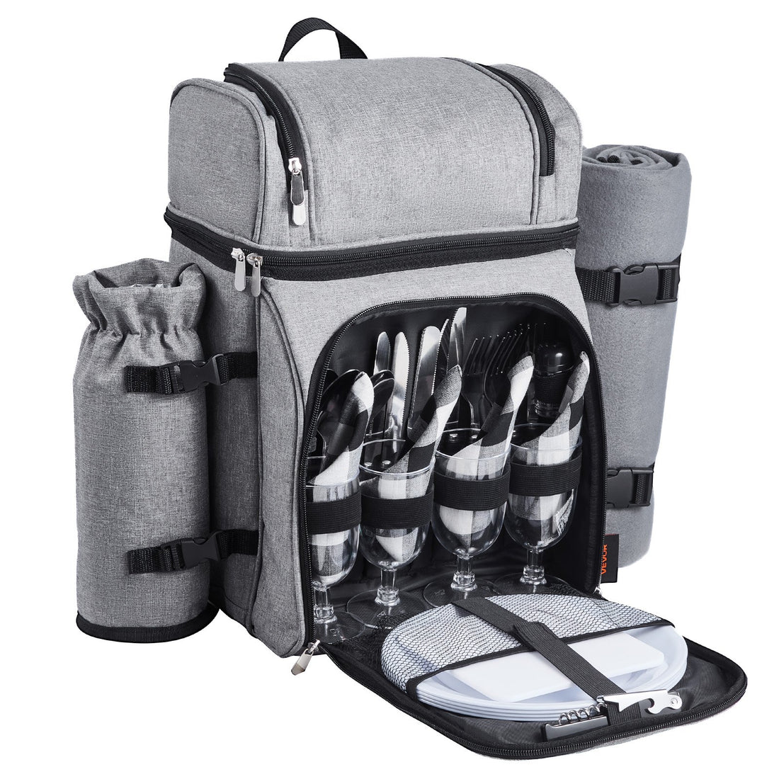 Beach Picnic Backpack Bag For 4 Person With Cooler Compartment Grey
