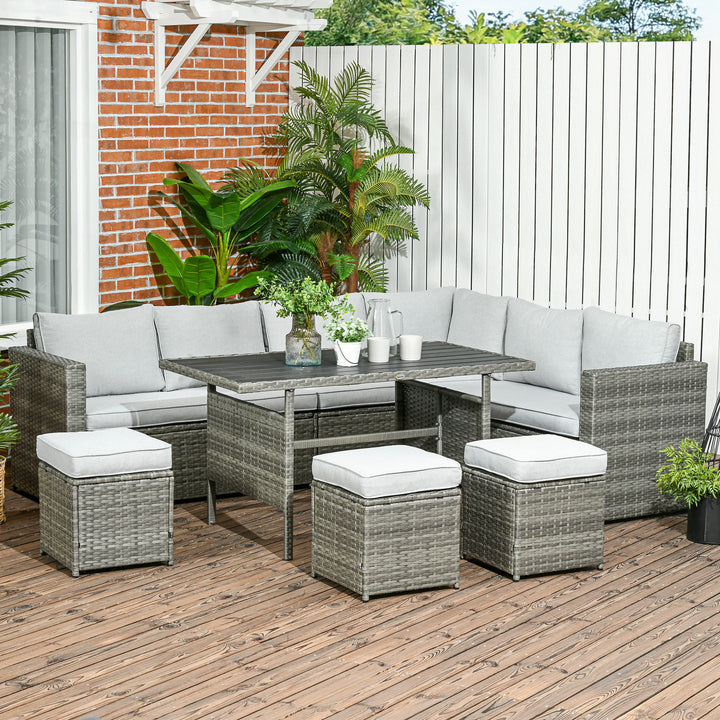 Wicker Outdoor Patio Furniture Set, L-Shaped 7 Piece Outdoor Dining Sectional Sofa with Dining Table and Chair, Storage Loveseat, Ottomans and Cushions, Mixed Gray