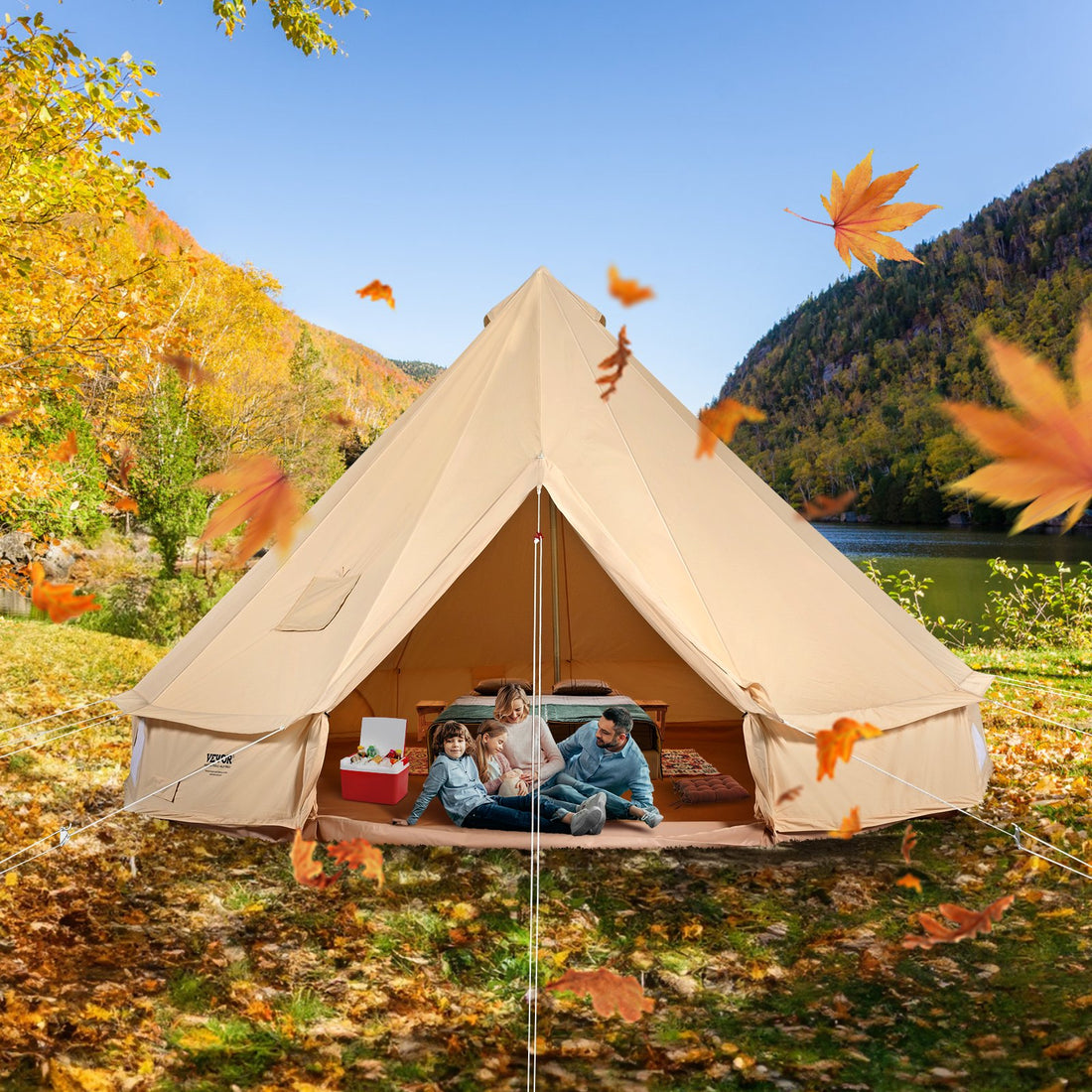 3-5 Person Canvas Glamping Bell Tent, Breathable Waterproof Yurt Tent With Stove Jack And Detachable Side Wall For Family Camping, 10'x 10'x98"(Diameter 3M)