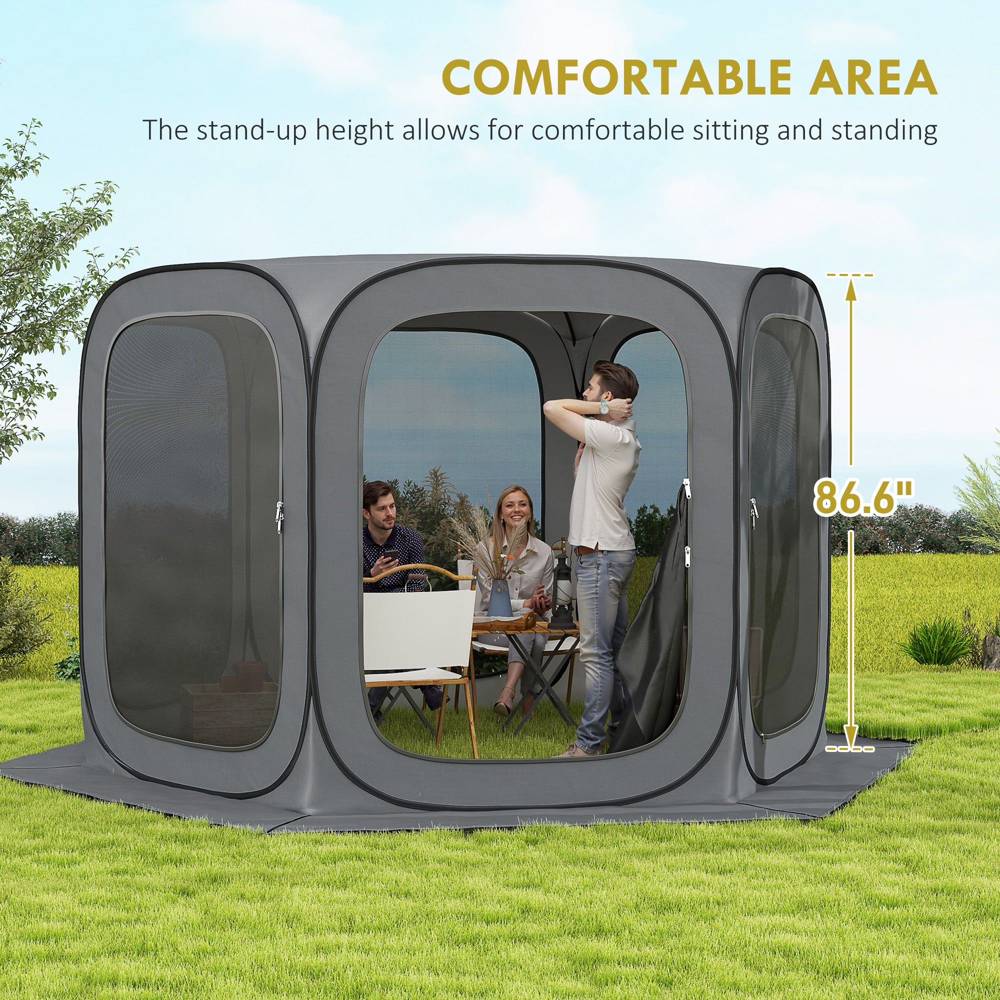 11 x 11ft Pop Up Screen Tent, UPF50+ Portable Camping Gazebo Screen House with Carry Bag, Dark Gray