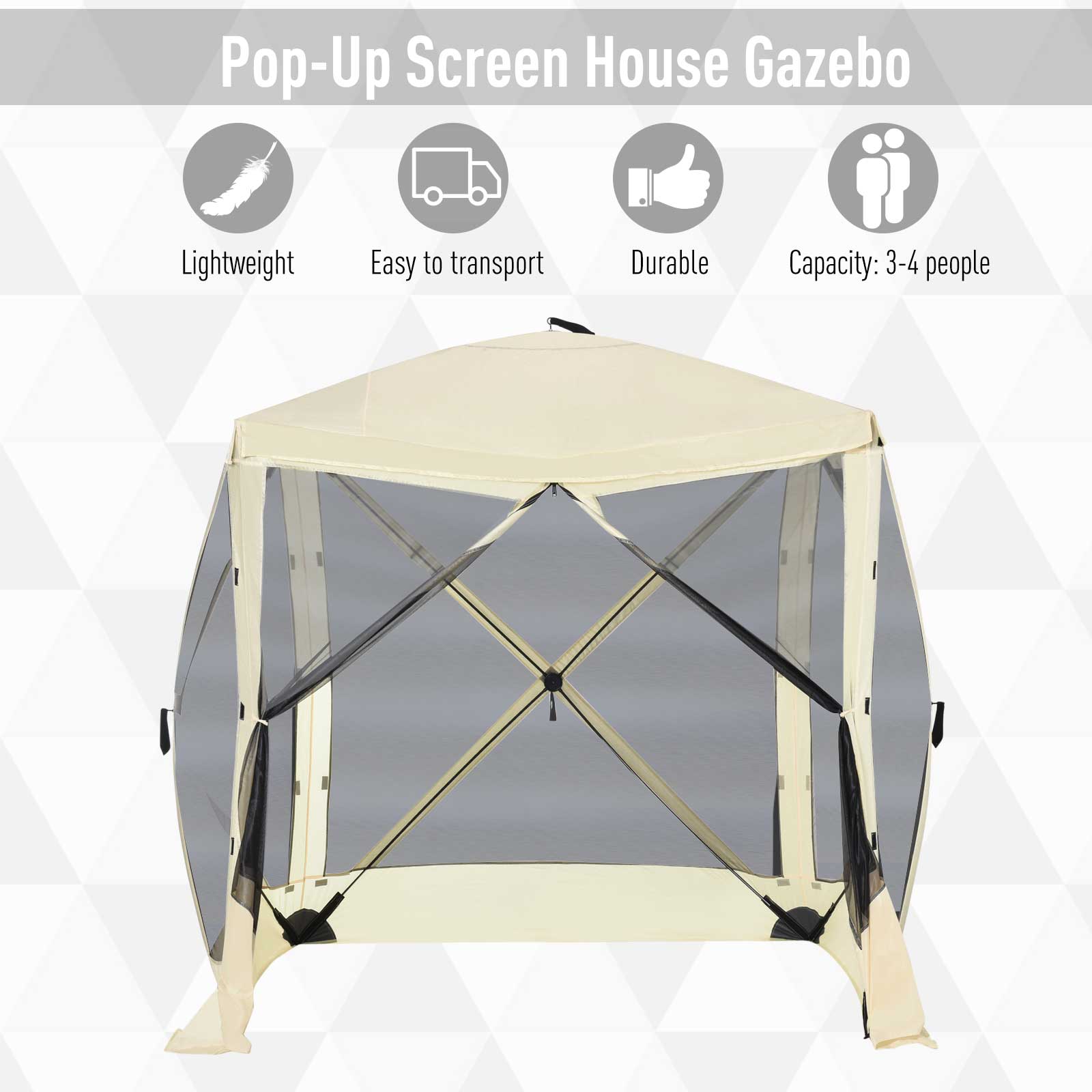 Pop Up Camping Canopy Gazebo Screen Shelter Tent with Single Person Easy Set-Up, Ventilating Mesh, Portable Carry Bag for Outdoor Camping Party Event, 7x7FT, Beige