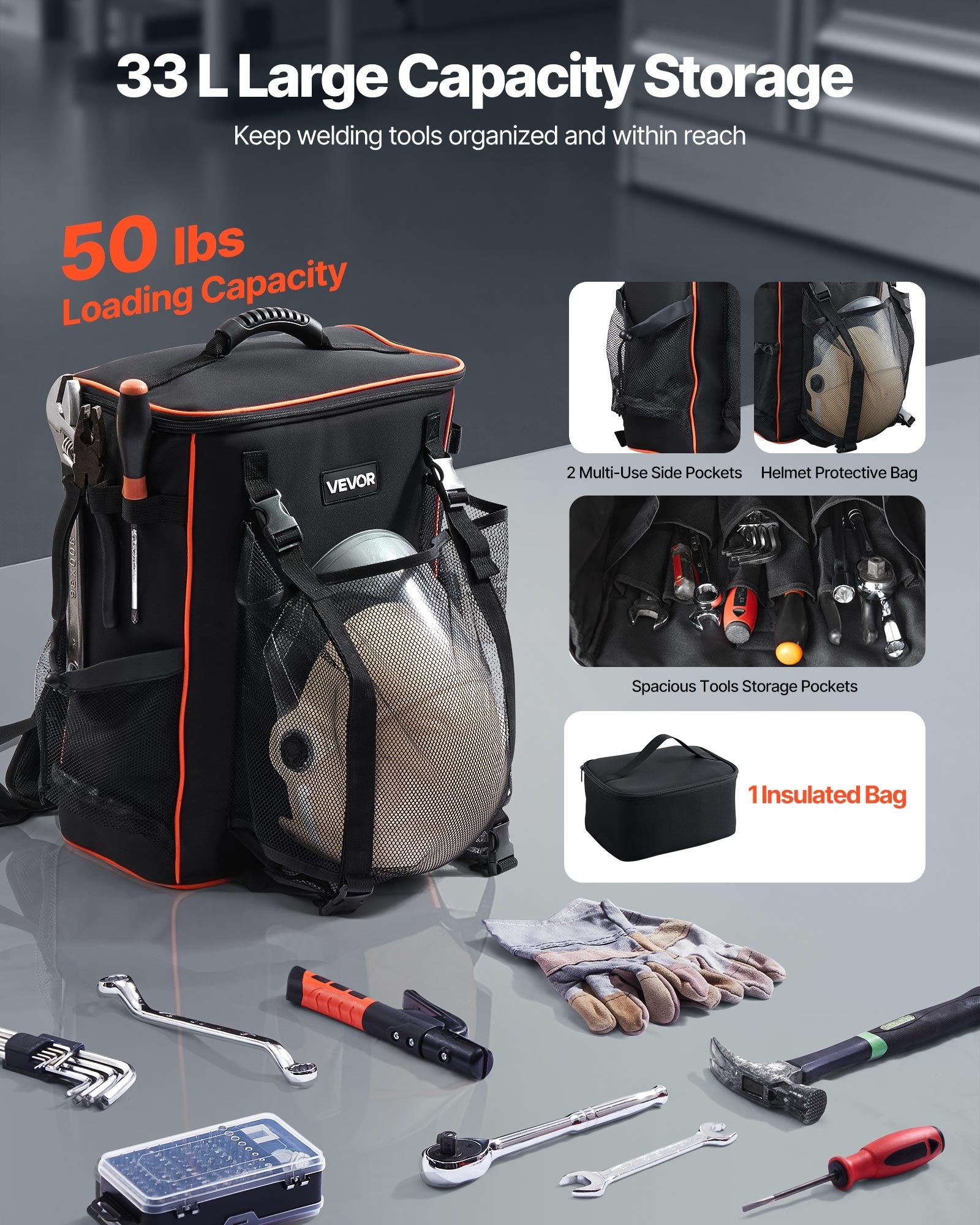 Welding Backpack, 33L Welder Backpack With Insulated Bag & Helmet Bag, 600D Polyester Extreme Gear Pack For Tools And Helmet, Multi-Purpose Gear Storage Bag For Welding, Outdoor Camping, Hiking