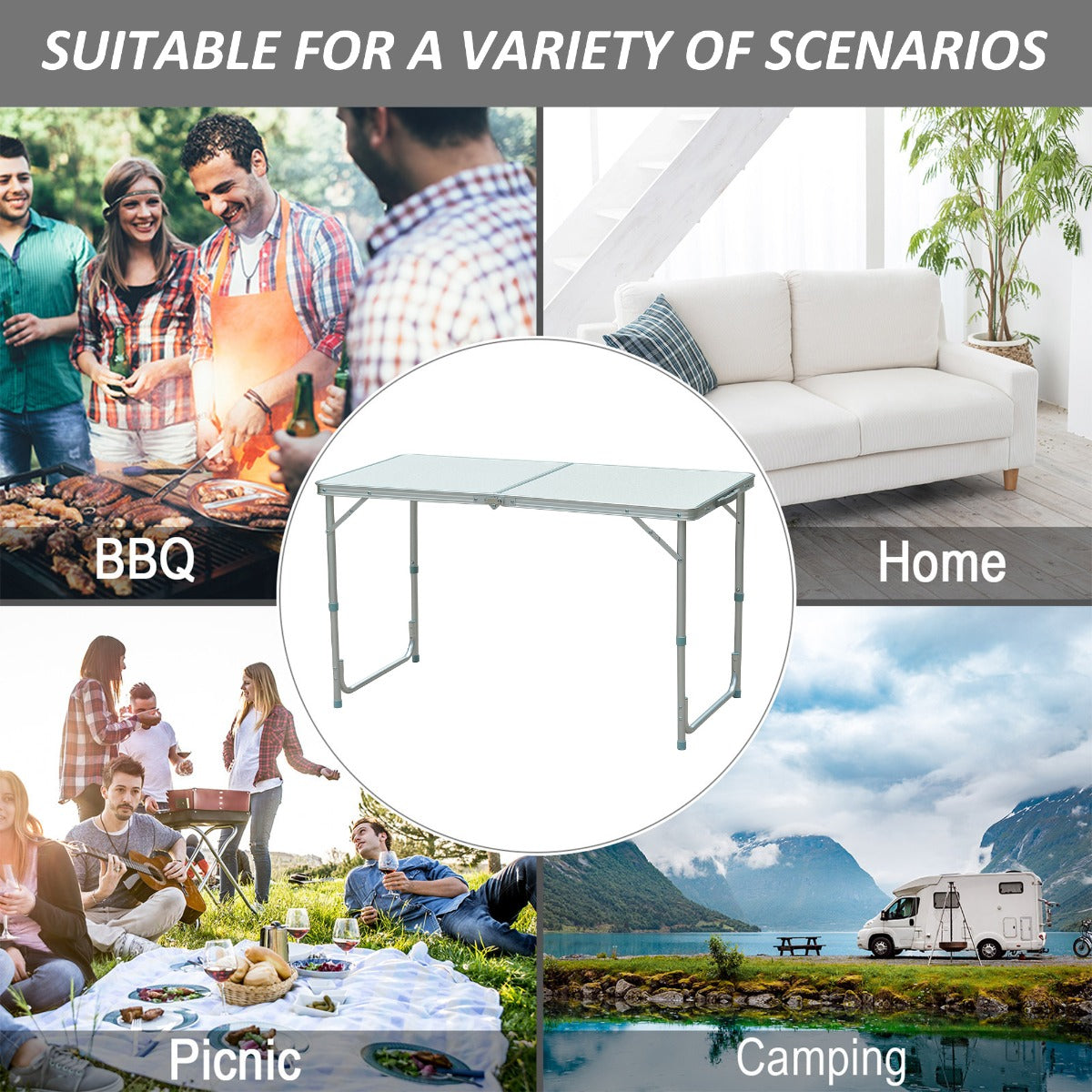47" Aluminum Lightweight Portable Folding Easy Clean Camping Table with Carrying Handle