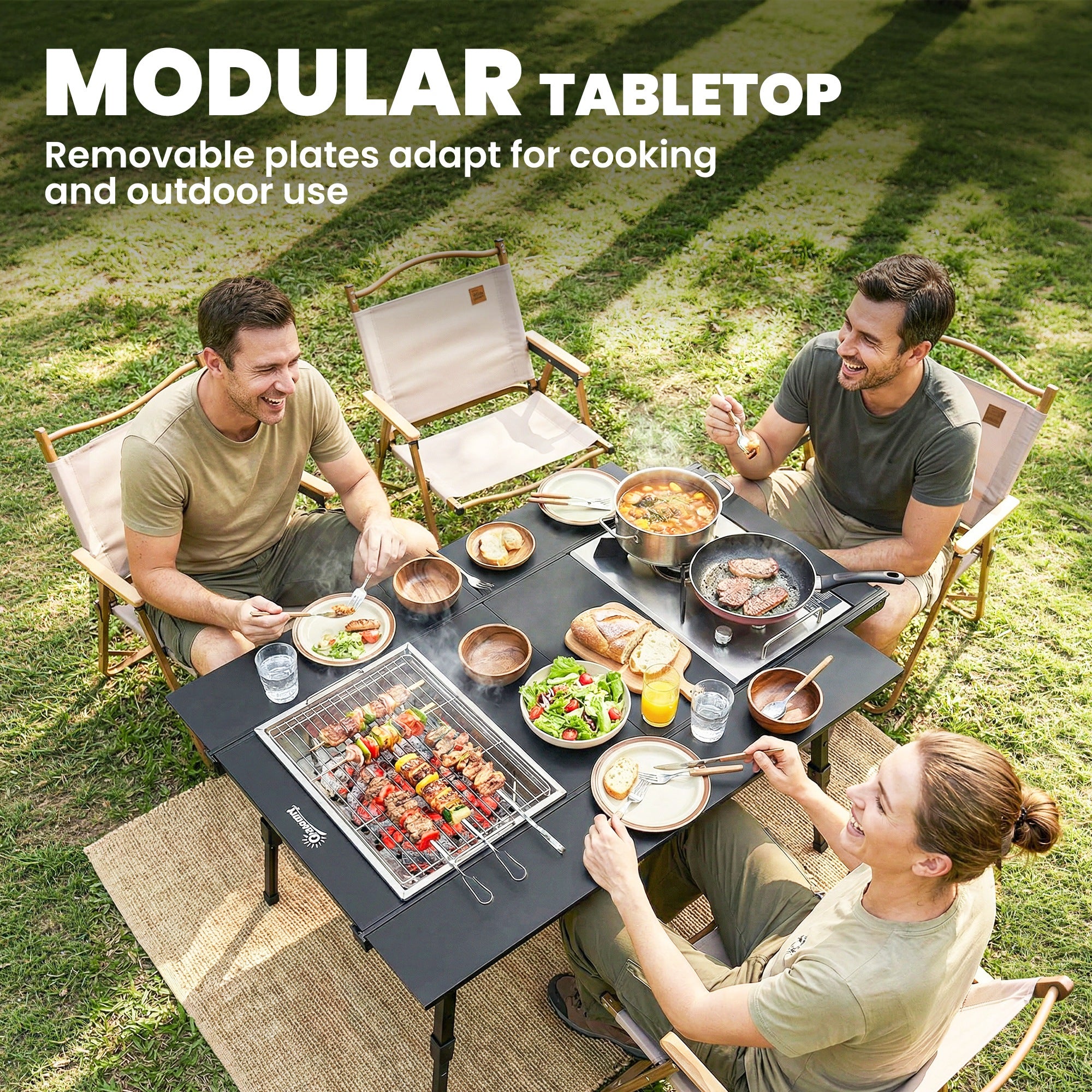 Adjustable Height Folding Picnic Table with Removable Plates, Aluminum Camping Table, Black