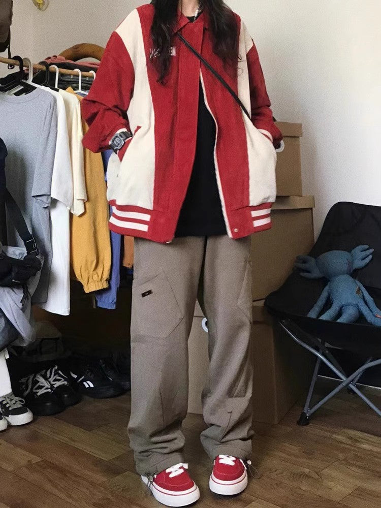 Retro Patchwork Coat Women's Corduroy Baseball Jacket
