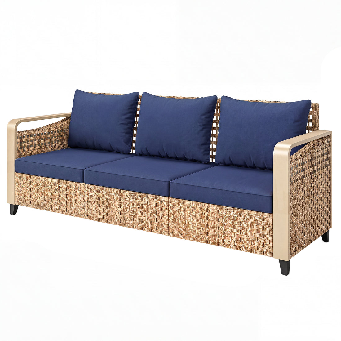 Rattan Wicker Sofa 3-Seater Outdoor Patio Sofa with Cushions for Garden Backyard Porch Dark Blue