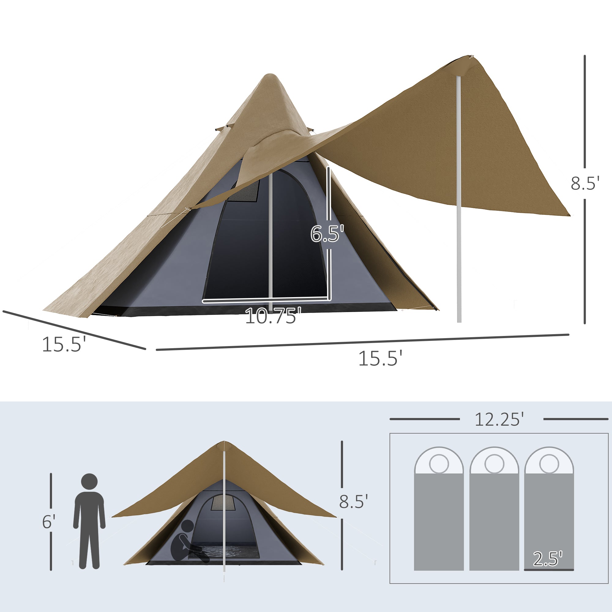 15.4'x15.4'x8.5' Teepee Tent, Waterproof Camping Tent with Porch Area, Floor and Carry Bag, for 2-3 Person Outdoor Backpacking Camping Hiking, Coffee