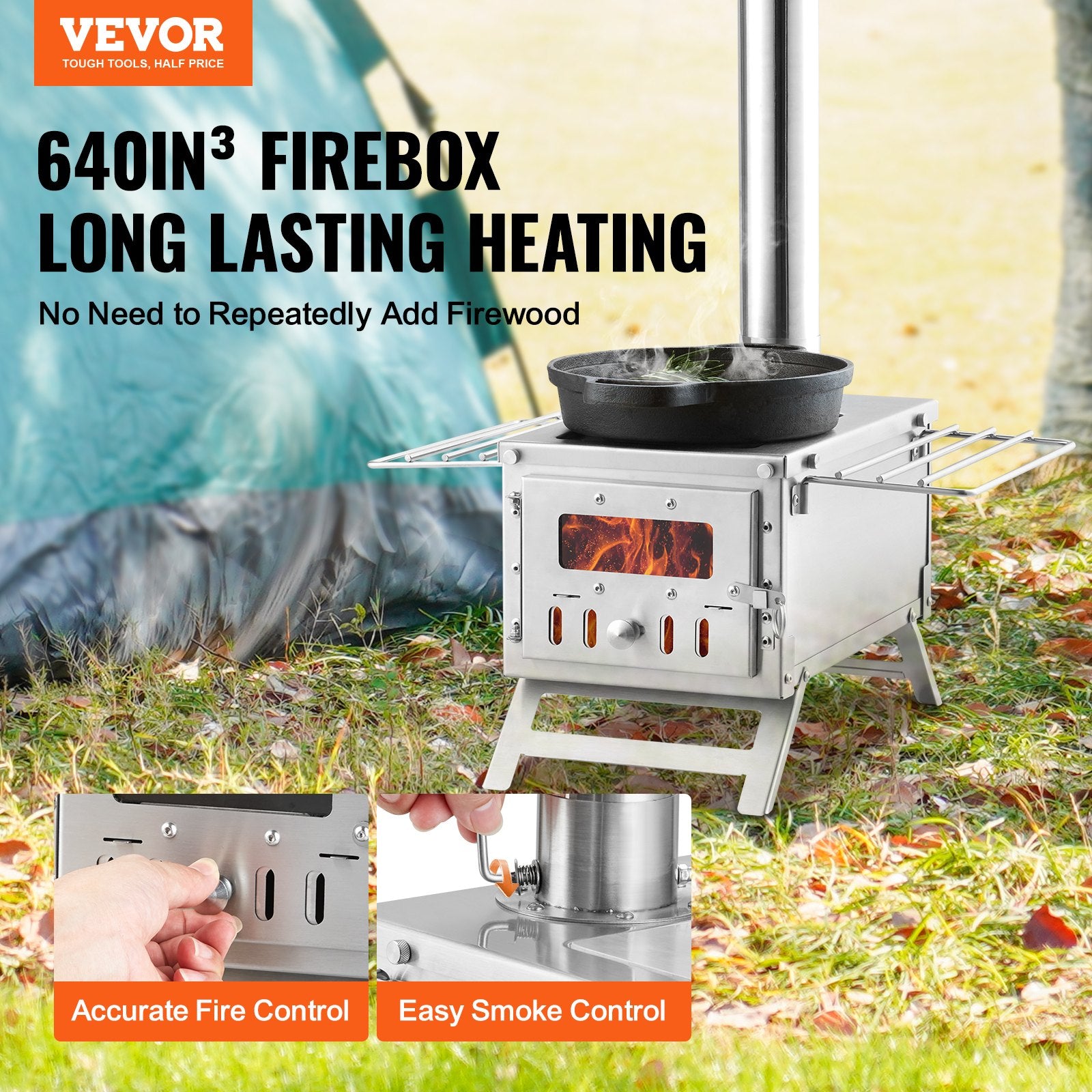 Wood Stove, 80 Inch, Stainless Steel Camping Tent Stove, Portable Wood Burning Stove With Chimney Pipes & Gloves, 700in³Firebox Hot Tent Stove For Outdoor Cooking And Heating With 8 Pipes