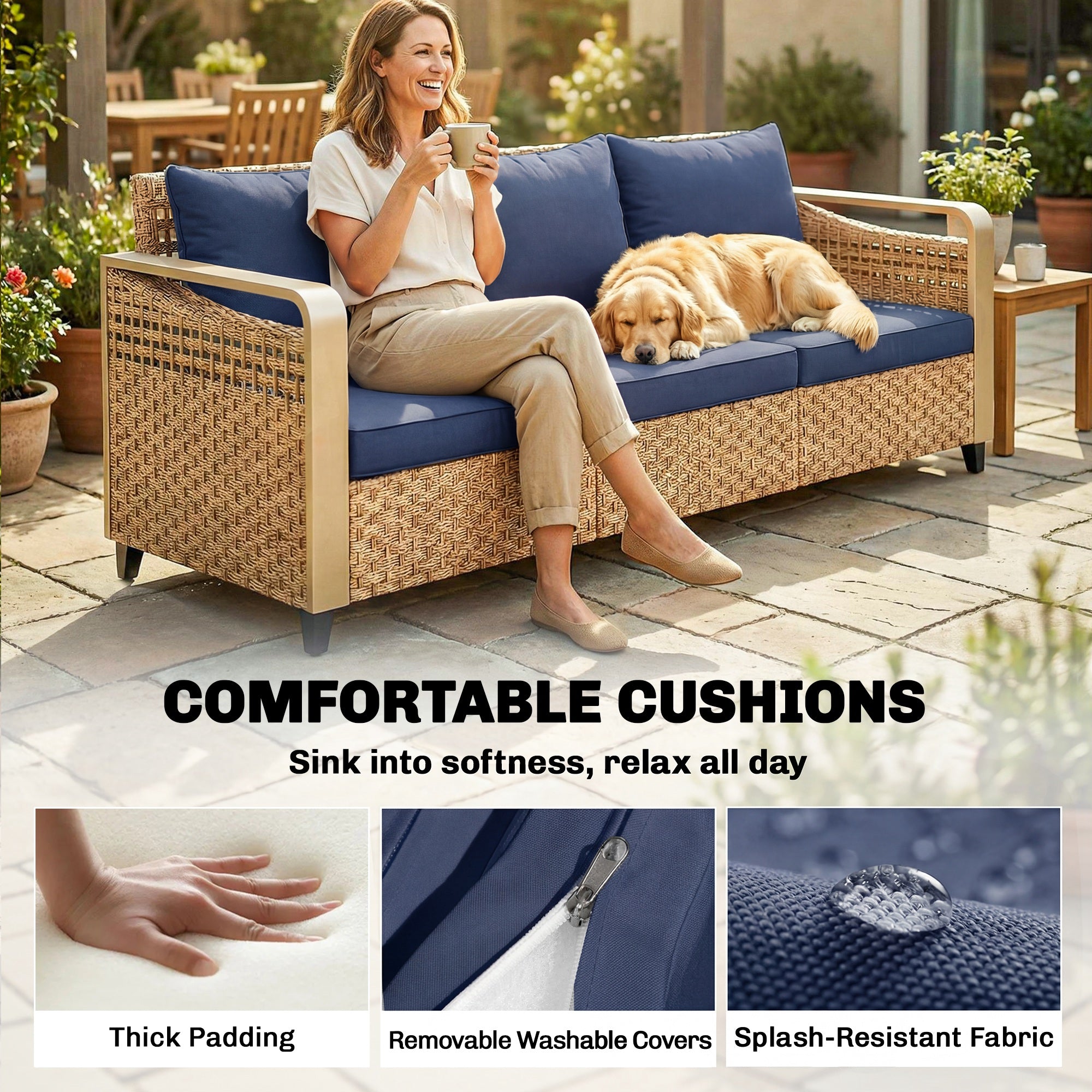 Rattan Wicker Sofa 3-Seater Outdoor Patio Sofa with Cushions for Garden Backyard Porch Dark Blue