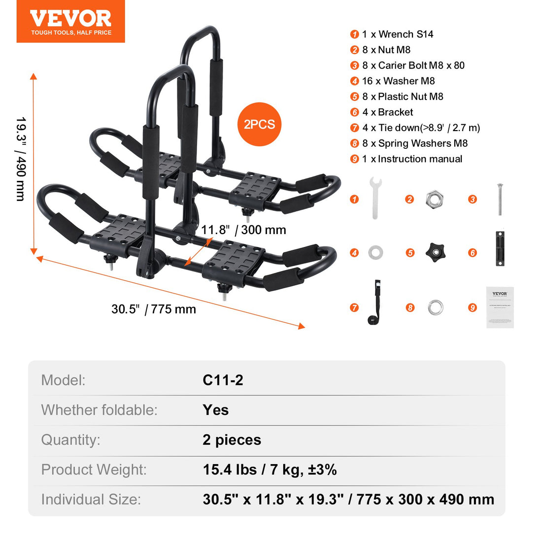 Kayak Roof Rack 1 Pair J-Bar, Soft Roof Rack, Top Mount Tie Down, Carrier For Kayak, Surf Board, Canoe, SUP, Ski Board, Mount On Car, SUV, Truck, 2 Kayaks
