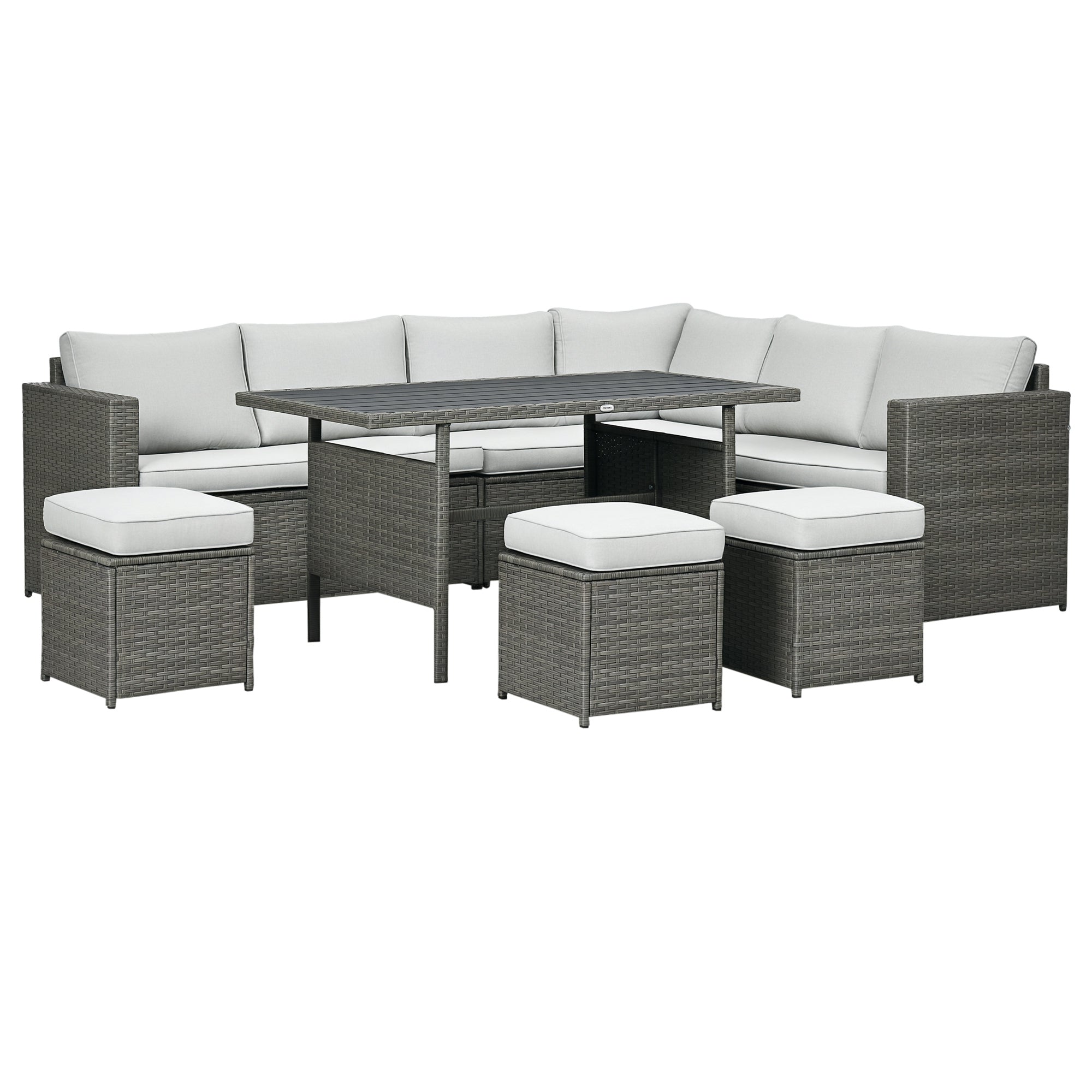 Wicker Outdoor Patio Furniture Set, L-Shaped 7 Piece Outdoor Dining Sectional Sofa with Dining Table and Chair, Storage Loveseat, Ottomans and Cushions, Mixed Gray