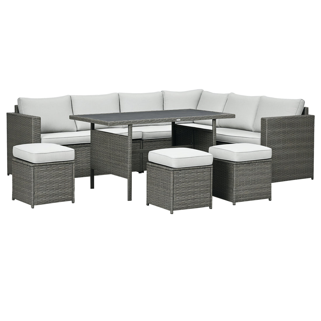 Wicker Outdoor Patio Furniture Set, L-Shaped 7 Piece Outdoor Dining Sectional Sofa with Dining Table and Chair, Storage Loveseat, Ottomans and Cushions, Mixed Gray