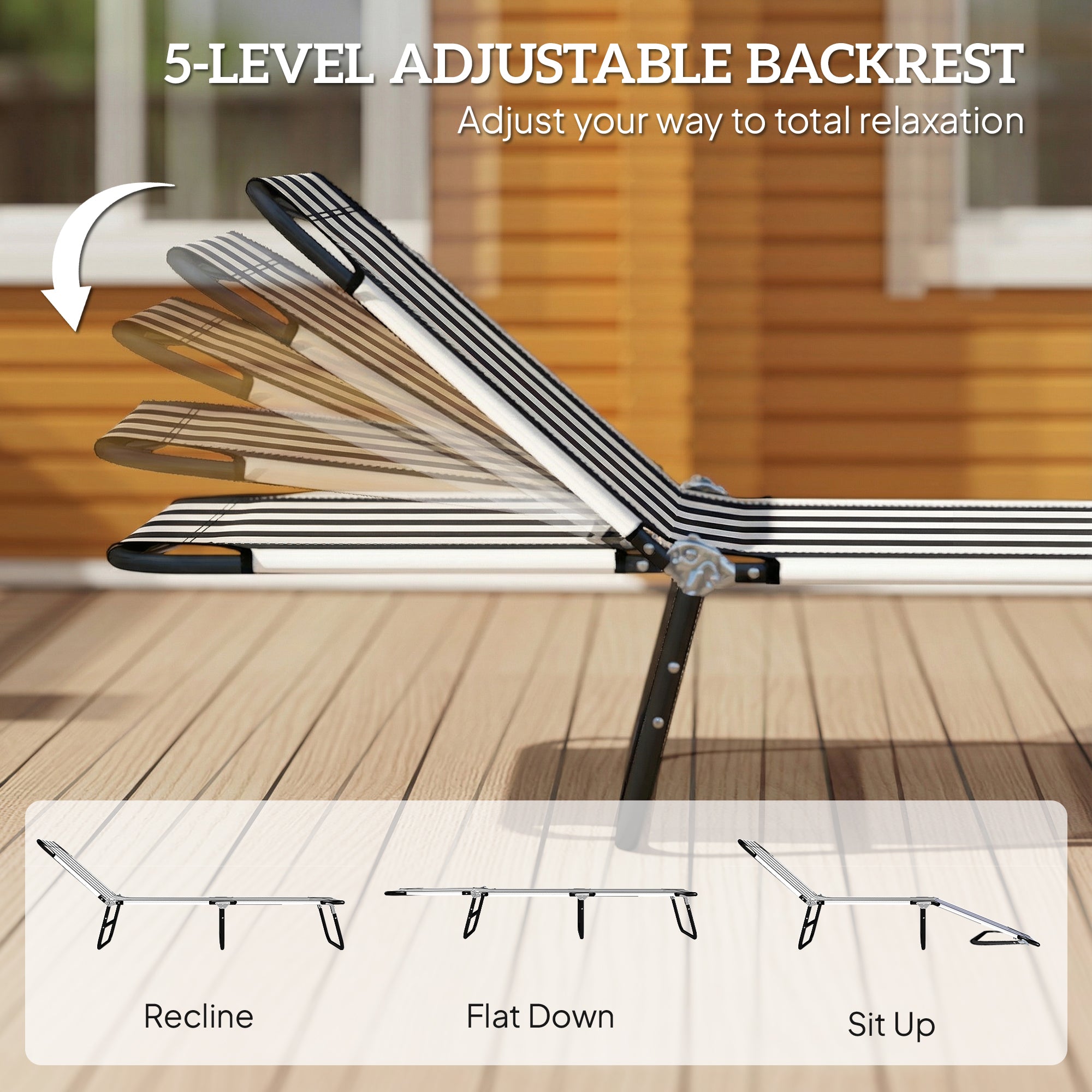 Portable Folding Adjustable Sun Beach Lounger / Camping Cot - Black and White