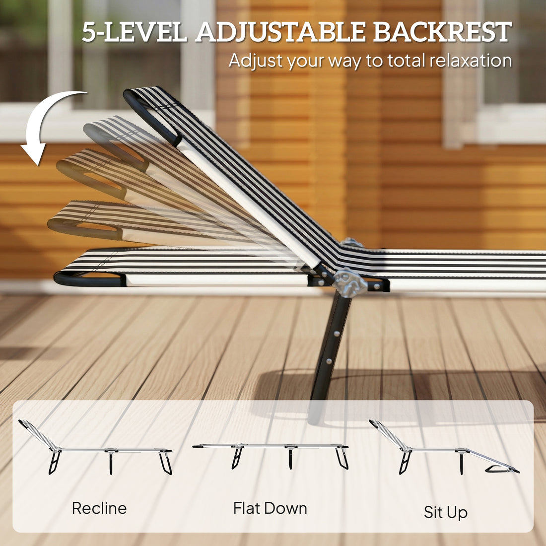 Portable Folding Adjustable Sun Beach Lounger / Camping Cot - Black and White