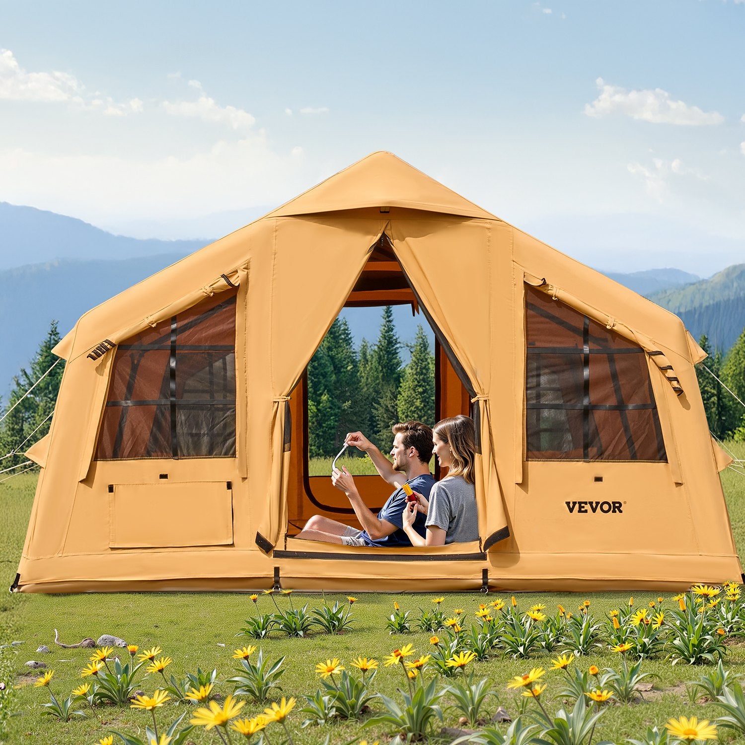 Inflatable Tents For Camping, 8-12 Person Easy Setup Blow Up Tent With Hand Pump, 4 Season Luxury Glamping Tent With 2 Skylights, Canopy, Stove Jack, 2 Doors & Mesh Windows, Include Storage Bag