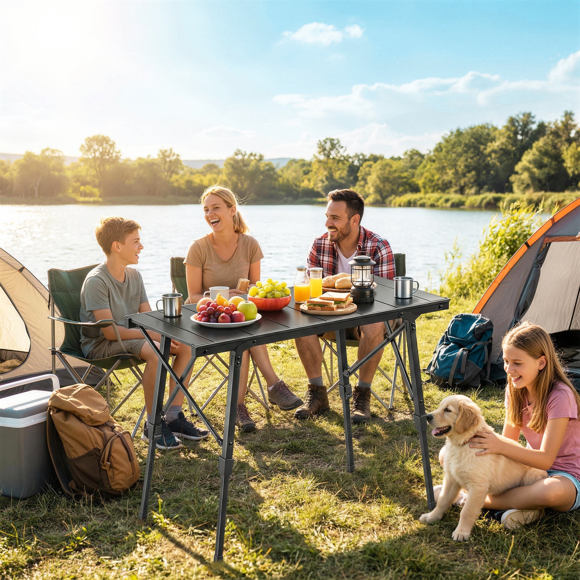 Adjustable Height Folding Picnic Table with Removable Plates, Aluminum Camping Table, Black