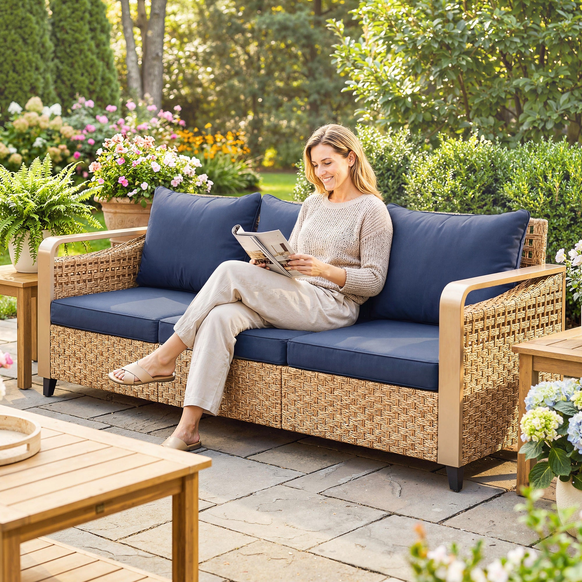 Rattan Wicker Sofa 3-Seater Outdoor Patio Sofa with Cushions for Garden Backyard Porch Dark Blue