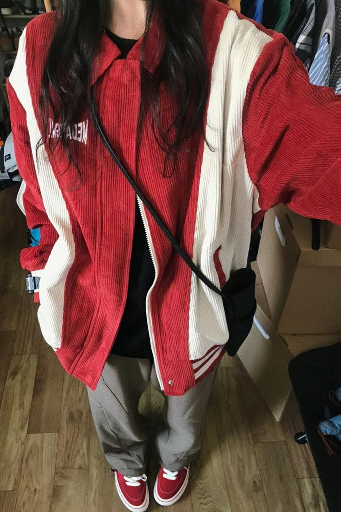 Retro Patchwork Coat Women's Corduroy Baseball Jacket